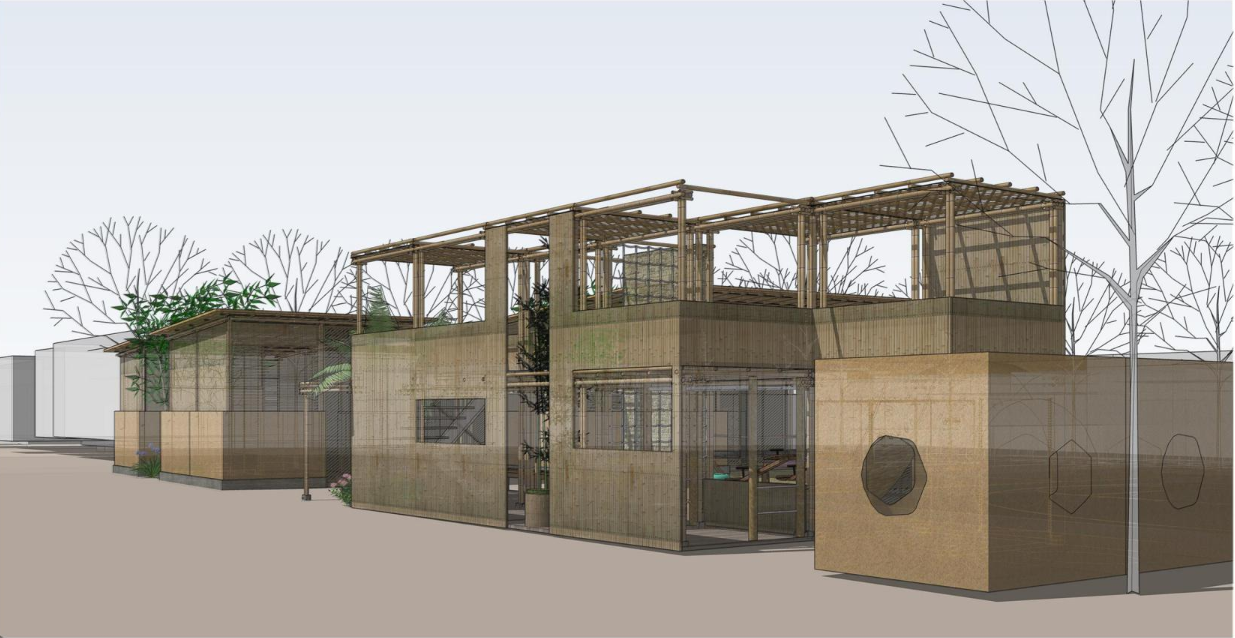 The modular façade blends enclosed learning spaces with open bamboo terraces and elevated play areas.