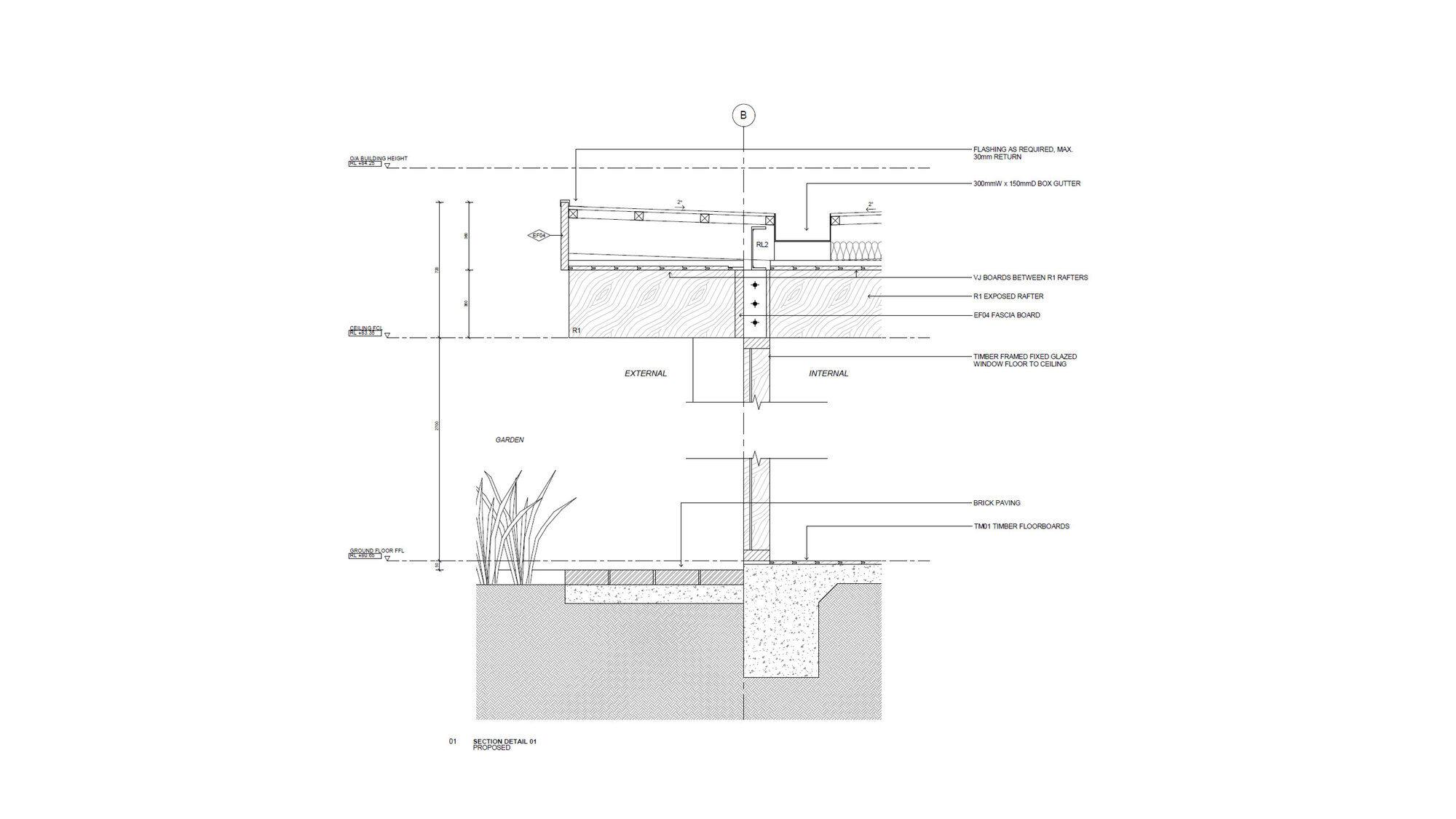 Construction section detail drawing showing wall assembly, foundation, and planted bed with vegetation