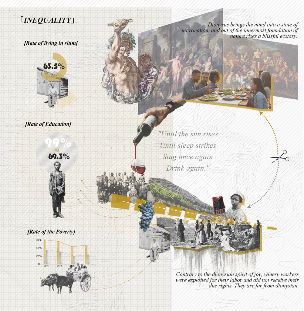 Conceptual collage explores inequality, labour, and the social meaning of wine.