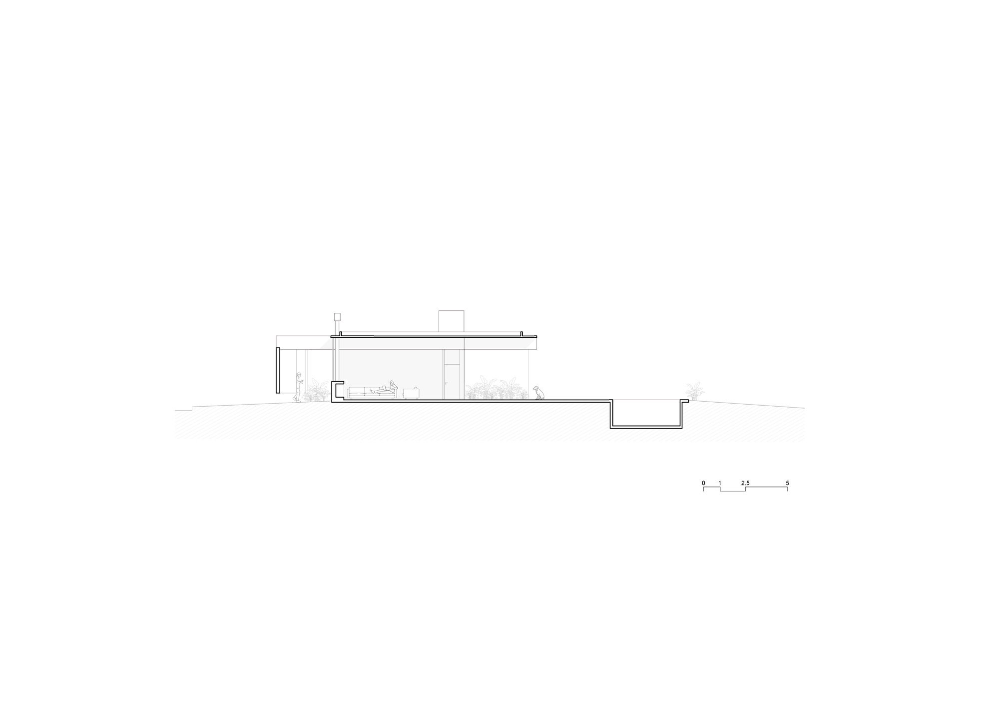 Section drawing showing a low-profile structure with flat roof and sunken courtyard at grade