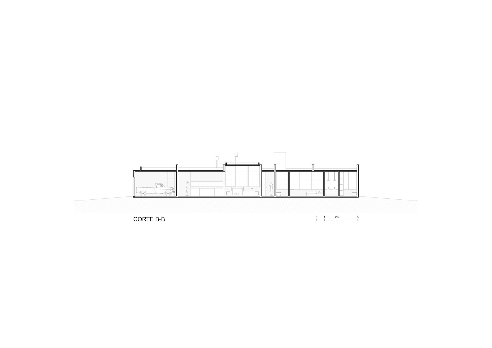 Section drawing depicting a series of interior spaces with varying ceiling heights and clerestory openings
