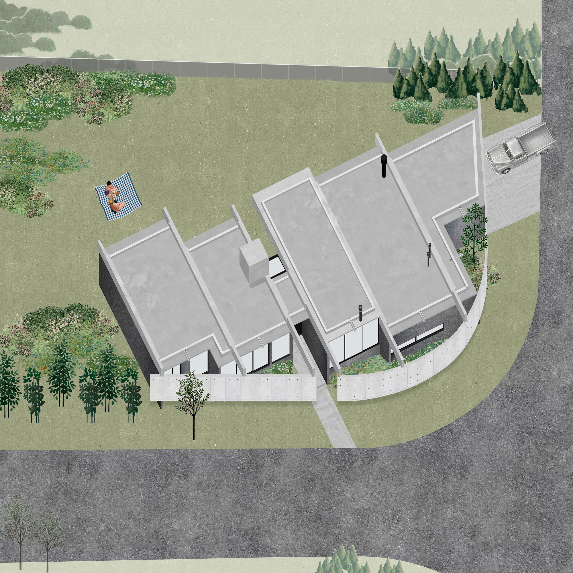 Axonometric view showing three connected volumes with angled roofs surrounded by trees and lawn