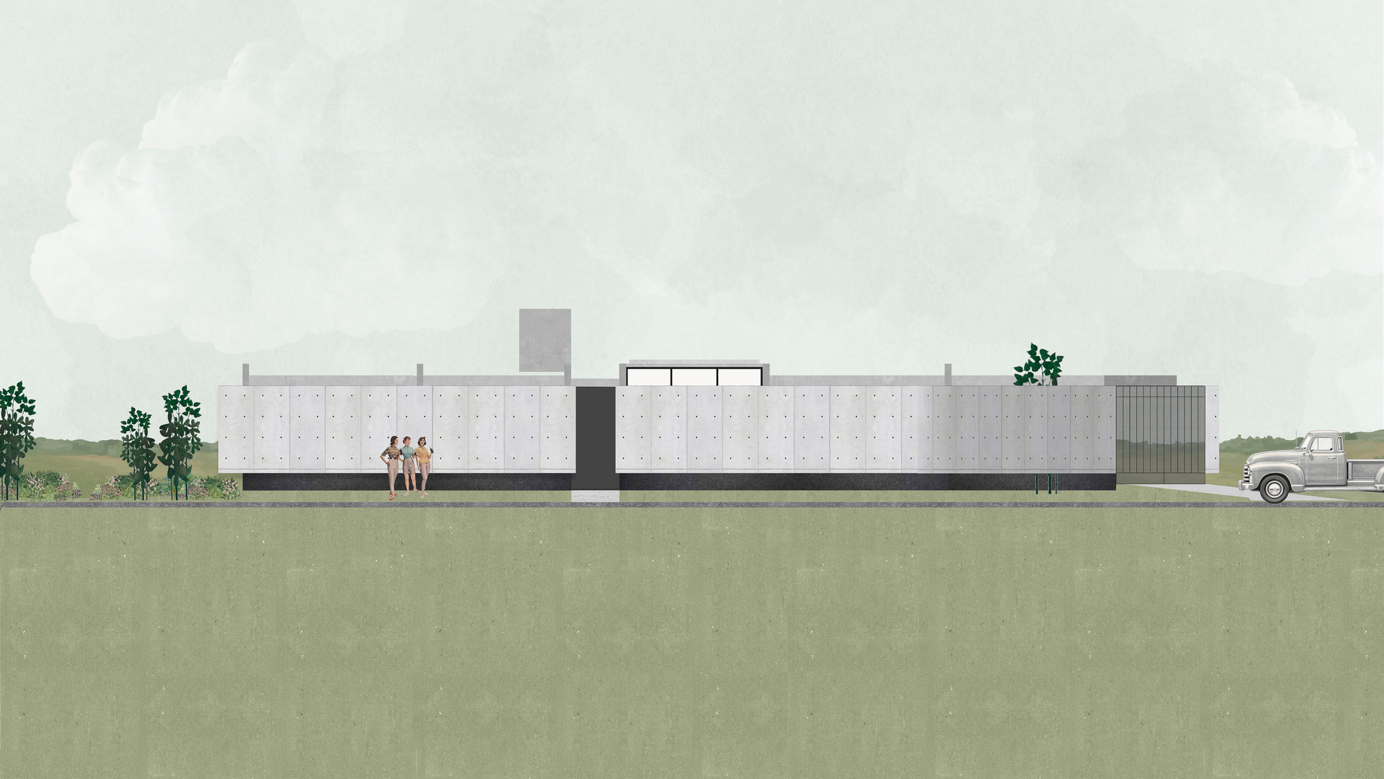 Elevation drawing of a linear concrete facade with circular perforations and a group standing outside
