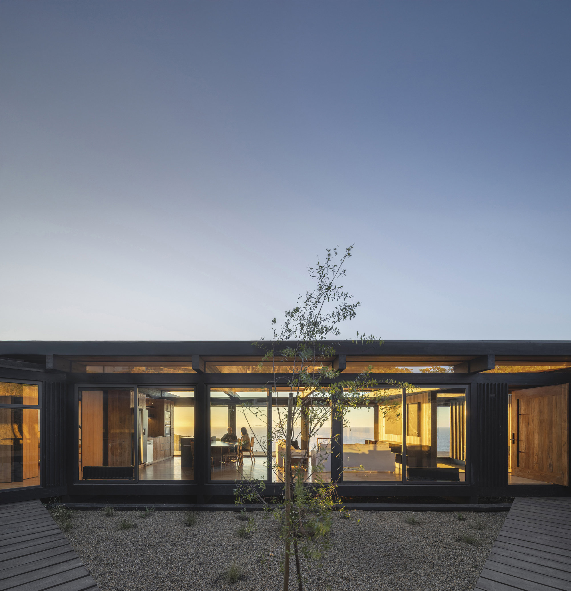 Glazed courtyard facade with steel frame and central tree surrounded by gravel at twilight
