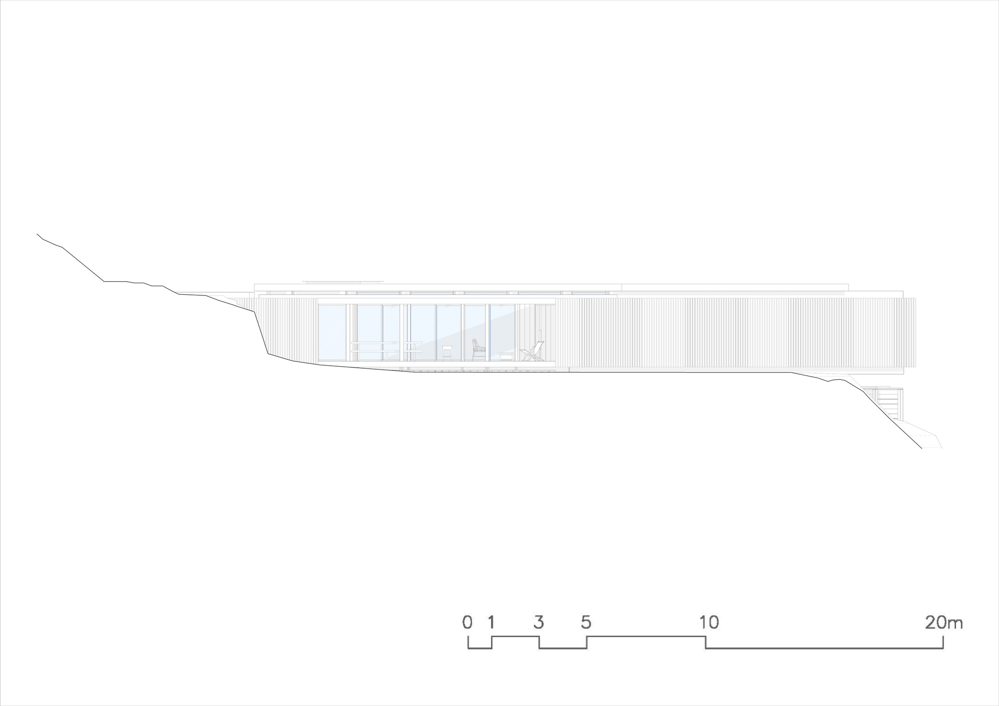 Elevation drawing showing the horizontal volume bridging across sloped terrain with vertical cladding