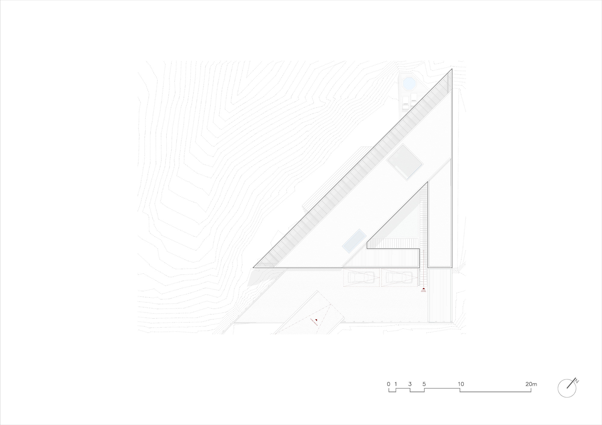 Site plan drawing with topographic contours depicting the angular residence nestled into the landscape