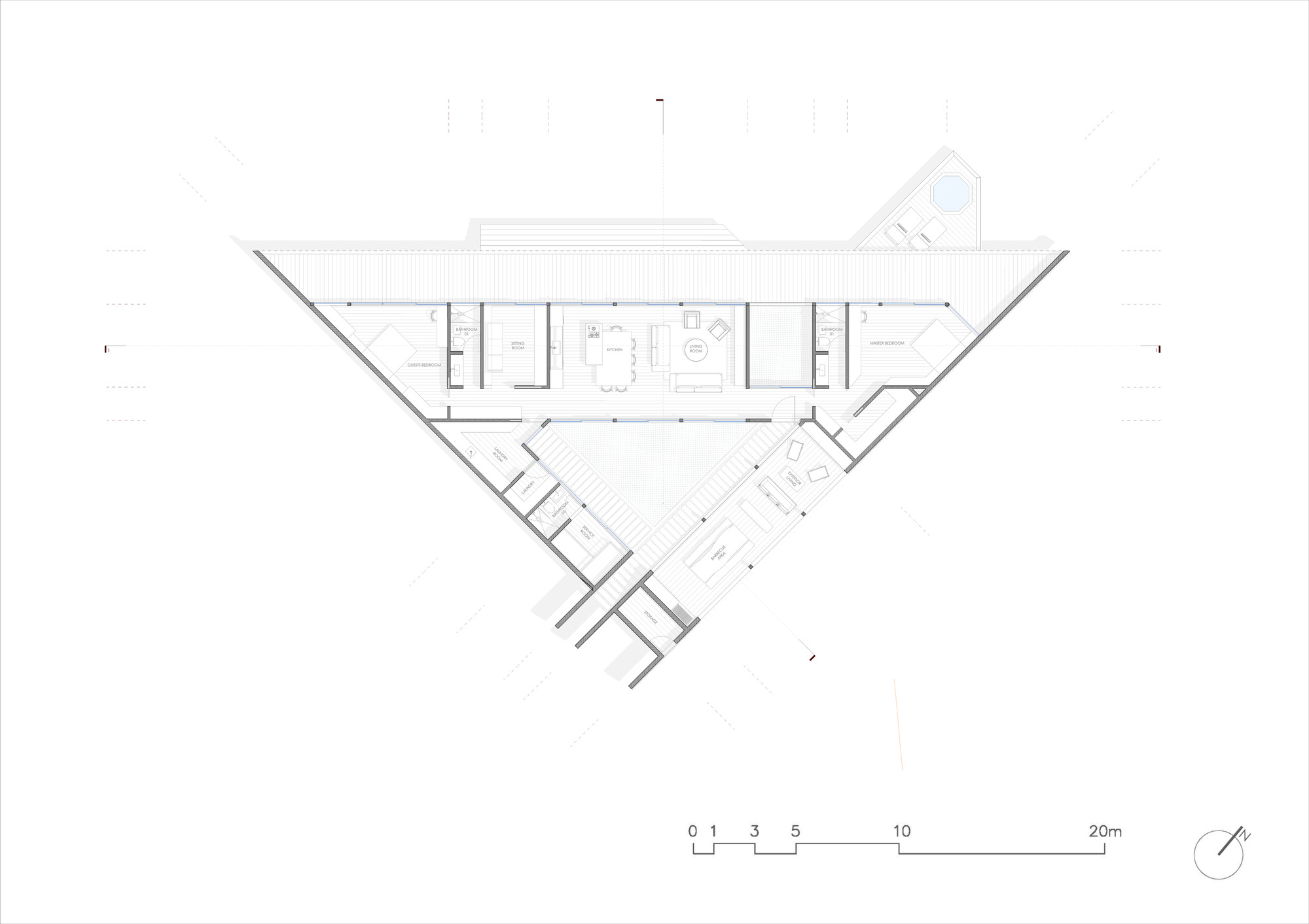 Floor plan drawing showing a linear central volume flanked by angled wings and service spaces