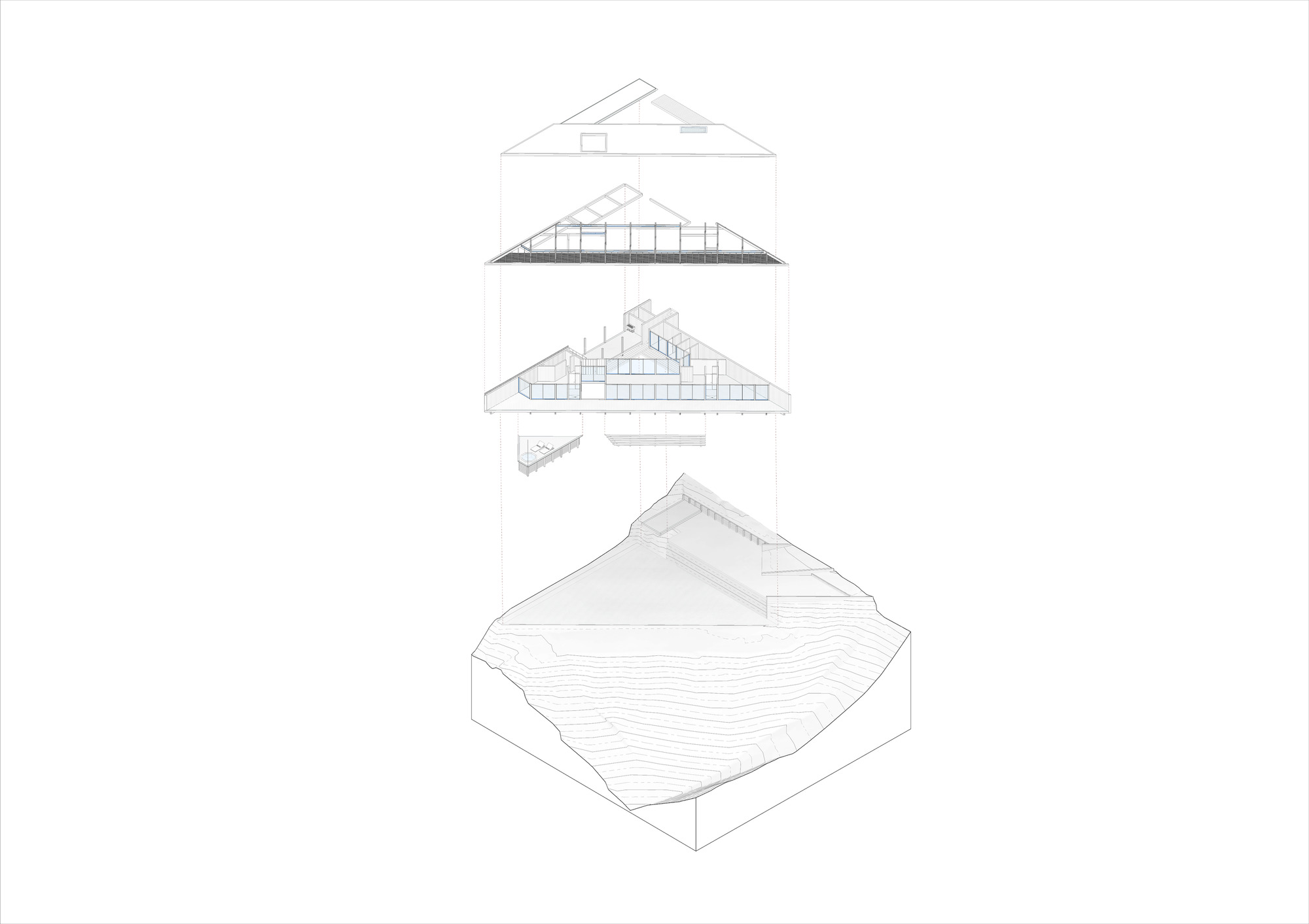 Exploded axonometric drawing revealing the layered roof structure and site excavation below