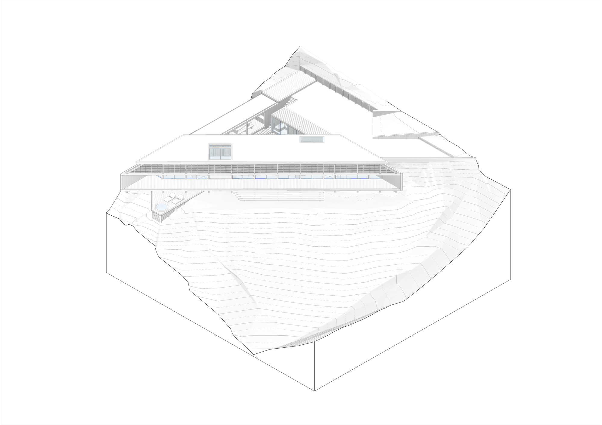 Axonometric drawing showing a linear structure with angled roof volumes set into a sloped site