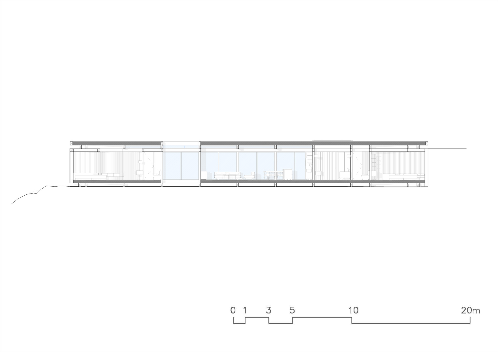 Longitudinal section drawing revealing interior room divisions and a recessed glazed opening