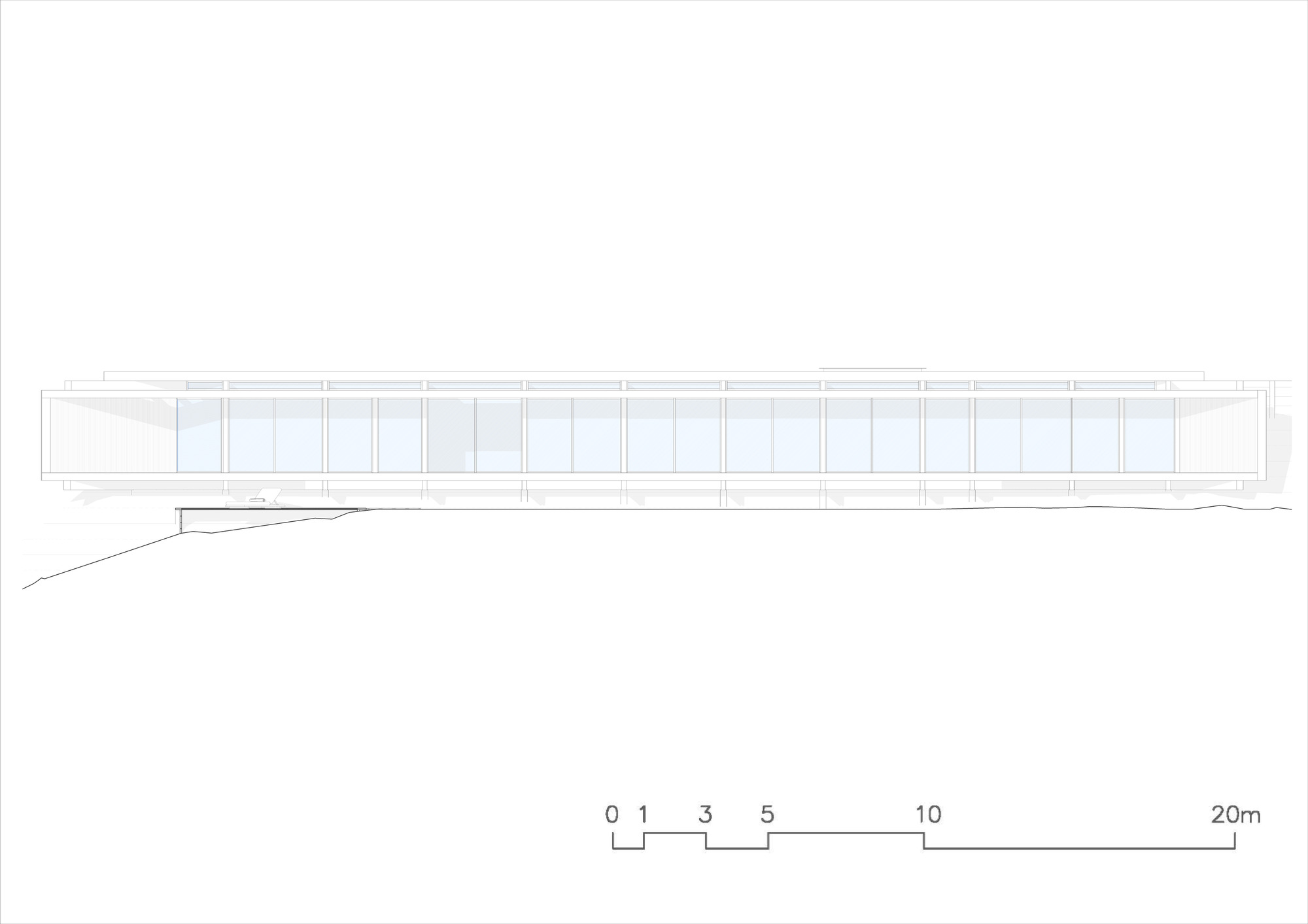 Elevation drawing showing a horizontal volume with rhythmic vertical glazing along the slope