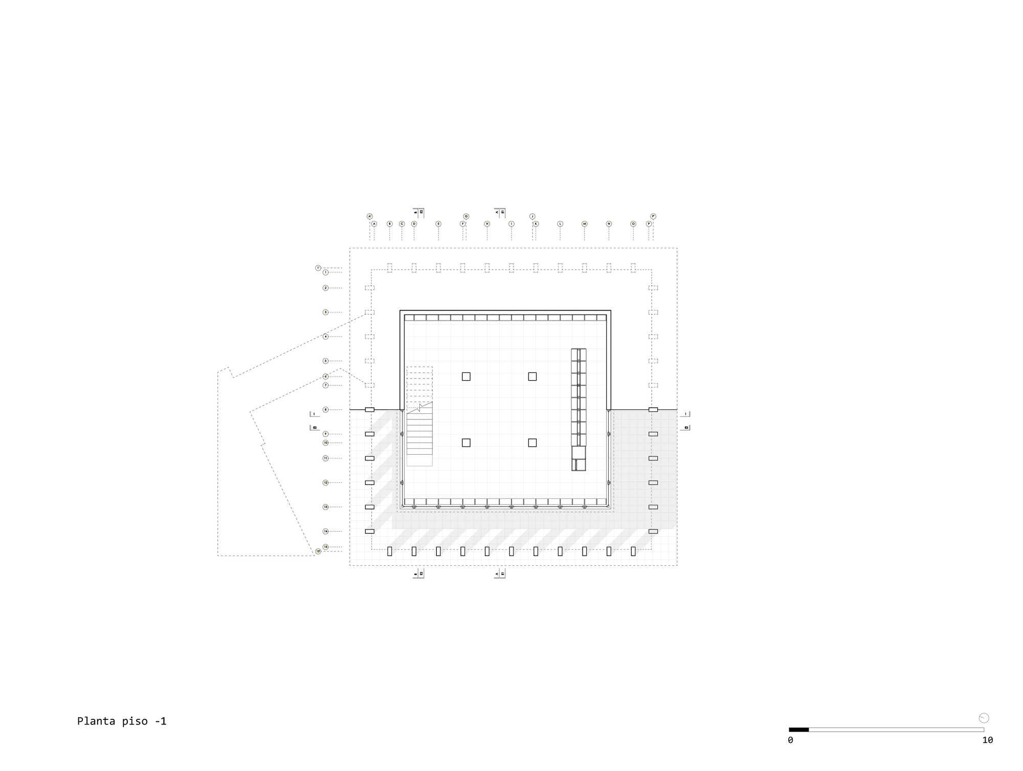 Floor plan drawing of a basement level with central stair, perimeter columns and structural grid