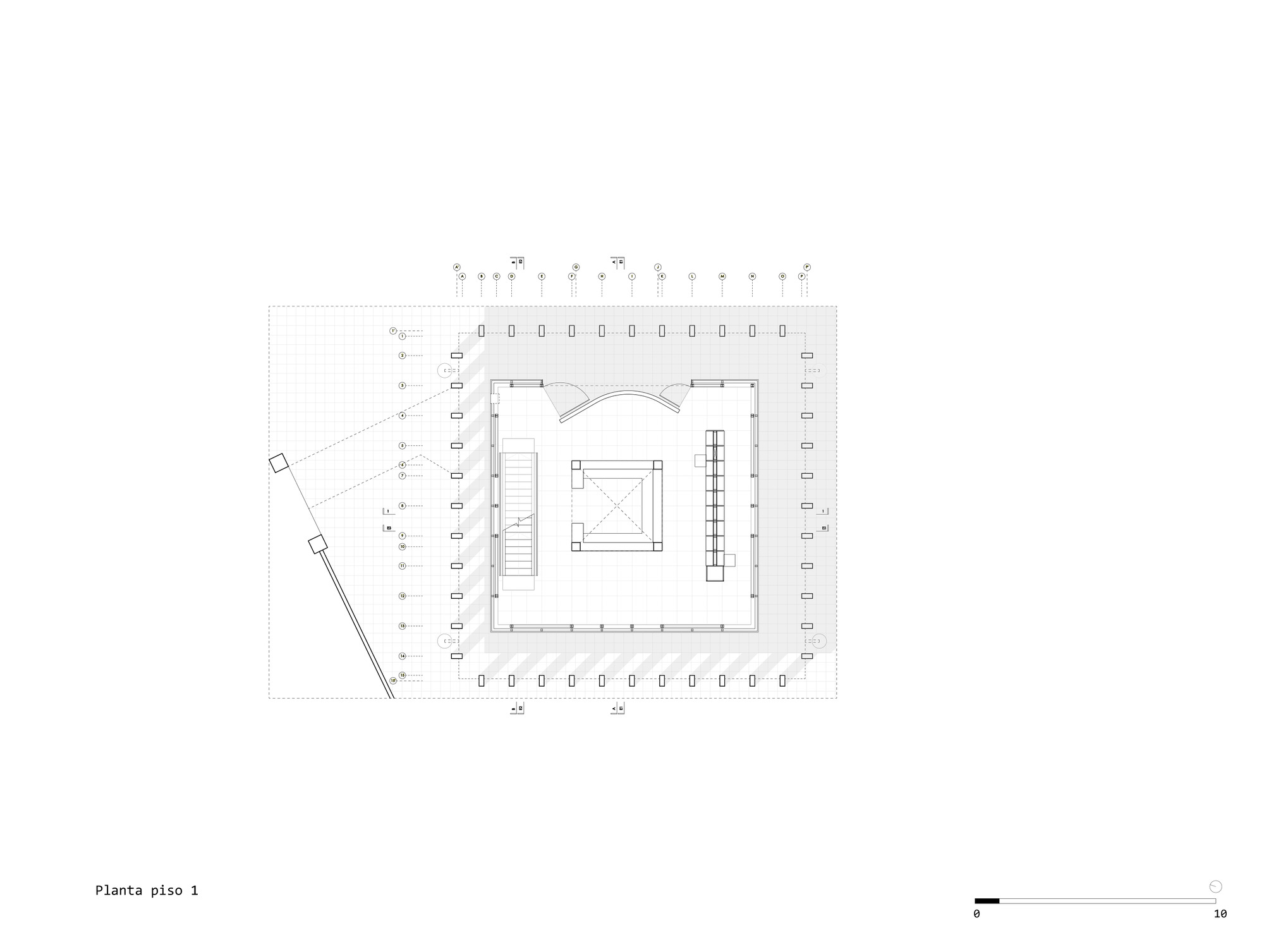 Floor plan drawing showing a square volume with central staircase and angled entry wing