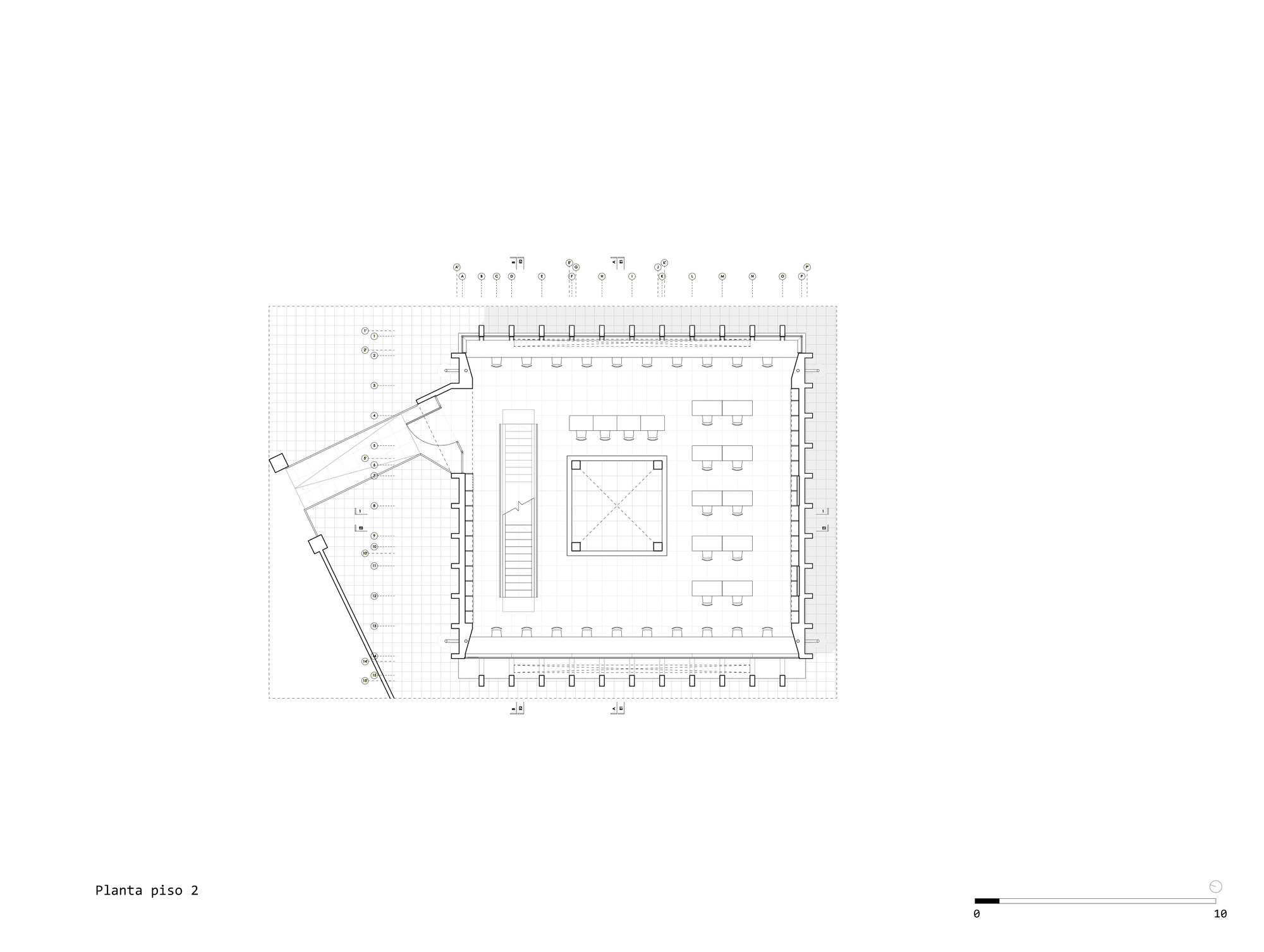 Floor plan drawing showing the upper level with open workspace and diagonal access corridor