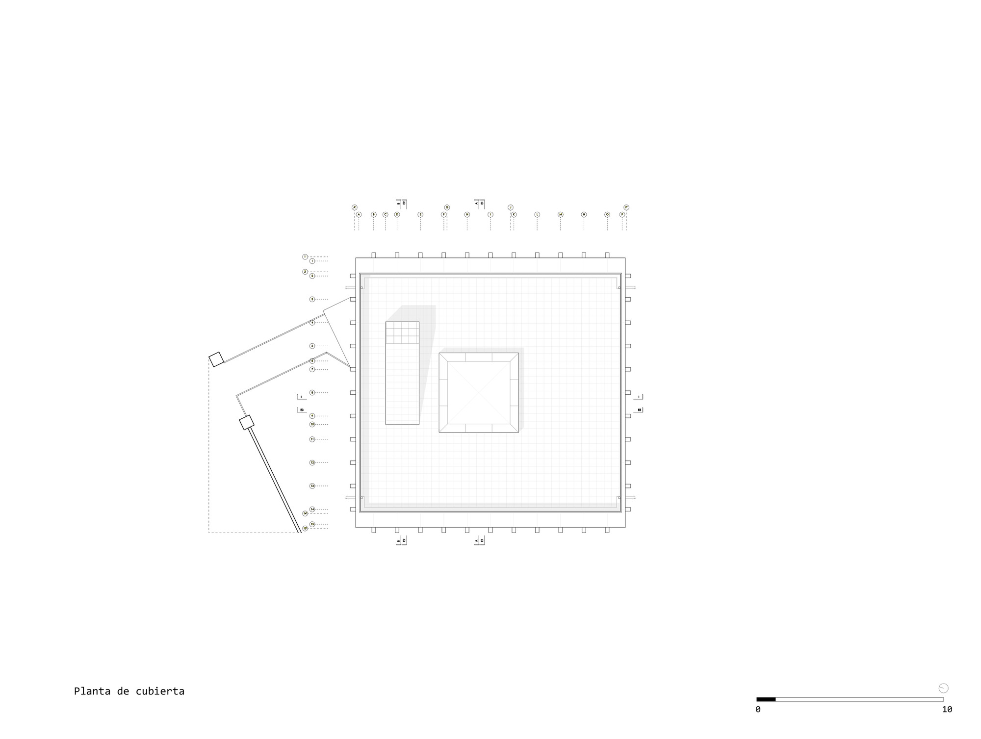 Roof plan drawing showing a flat expanse with two rooftop volumes and mechanical elements