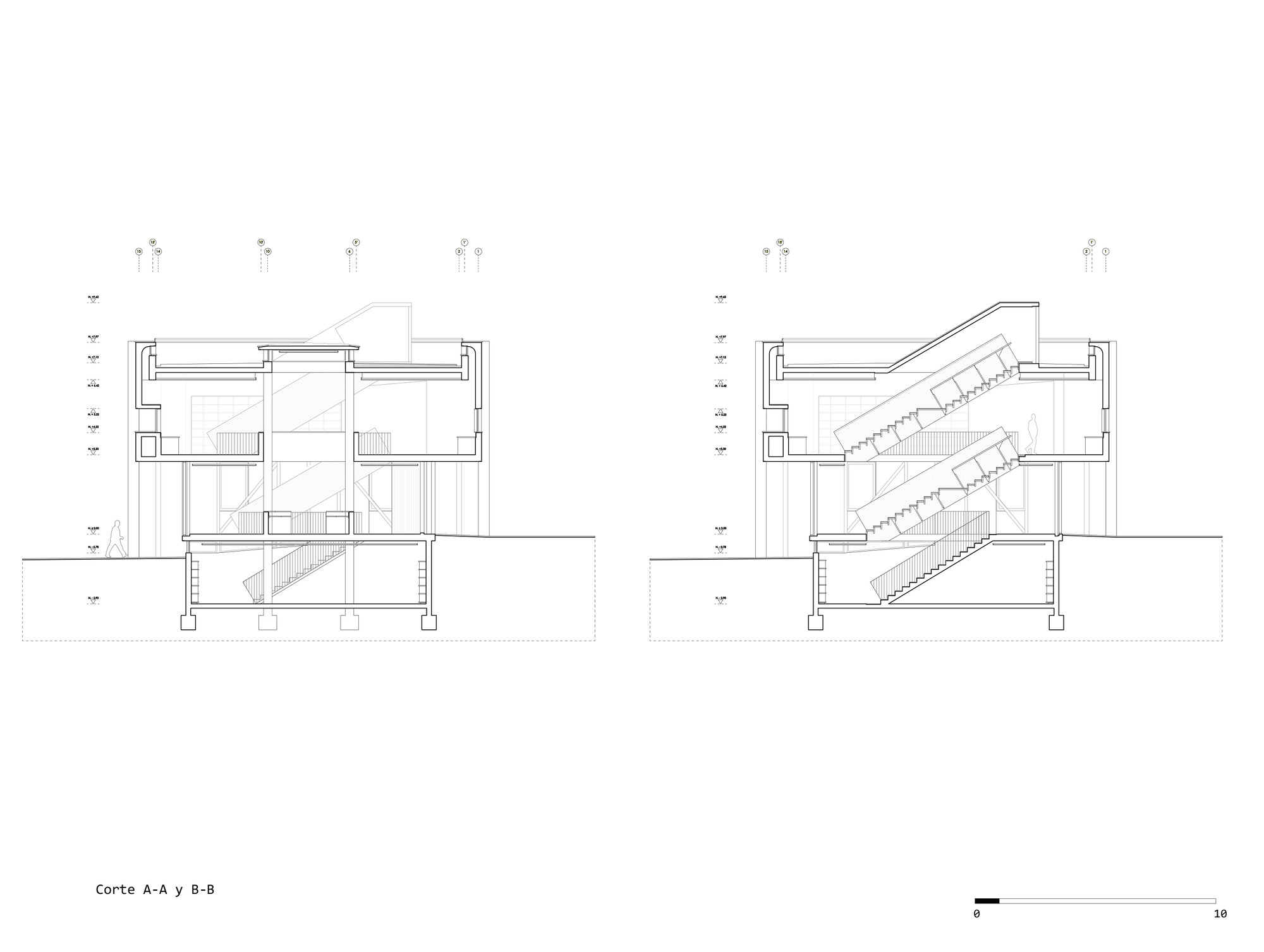 Section drawings revealing the two-story interior with stairs and a sloped ramp connection
