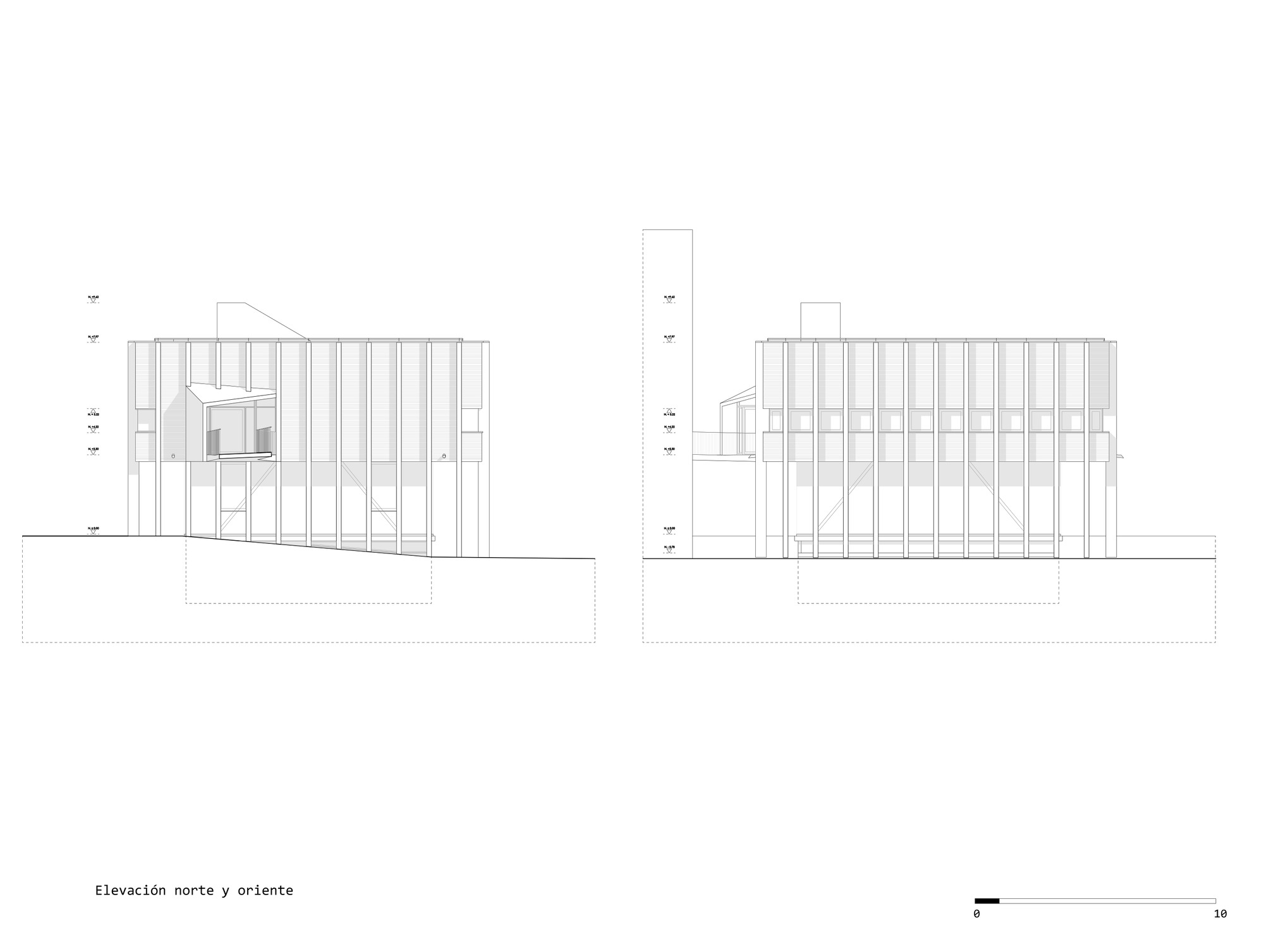 Elevation drawings showing the columned facade with vertical timber slats and openings