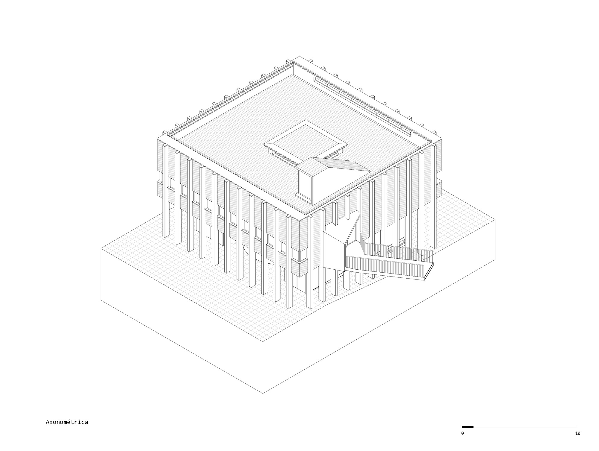 Axonometric drawing depicting the boxy volume surrounded by vertical columns and a connecting ramp