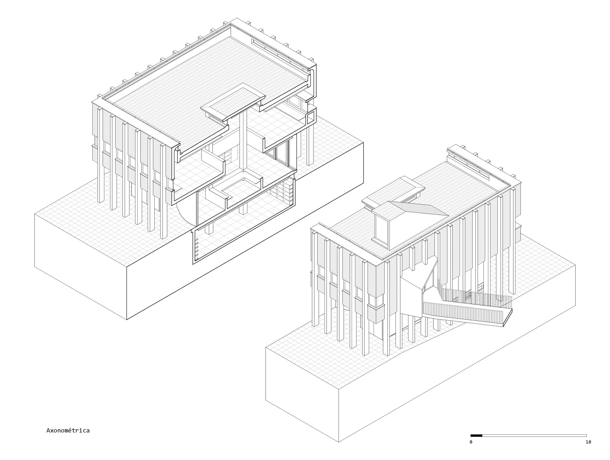Axonometric drawing showing two pavilion structures with vertical slat walls and roof overhangs on platform bases