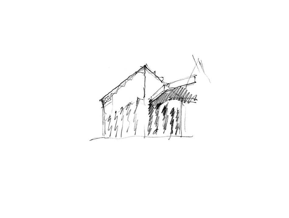 Sketch of a gabled structure with vertical slatted walls and angular roof forms