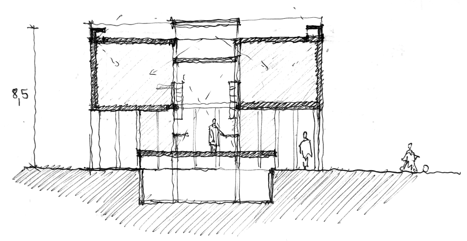 Section drawing showing a two-story structure with central courtyard and figures for scale