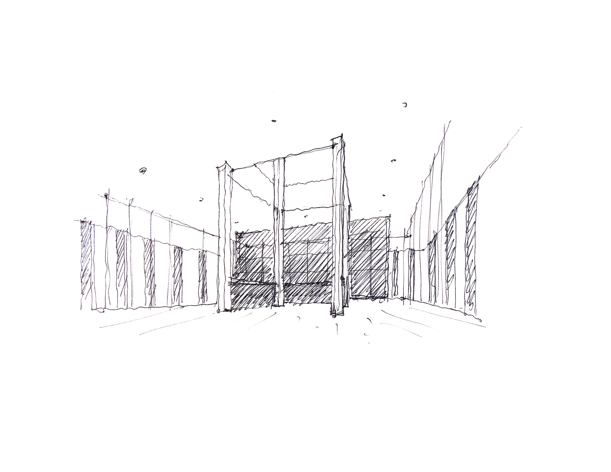 Interior perspective sketch showing vertical timber columns and slatted walls framing a central volume