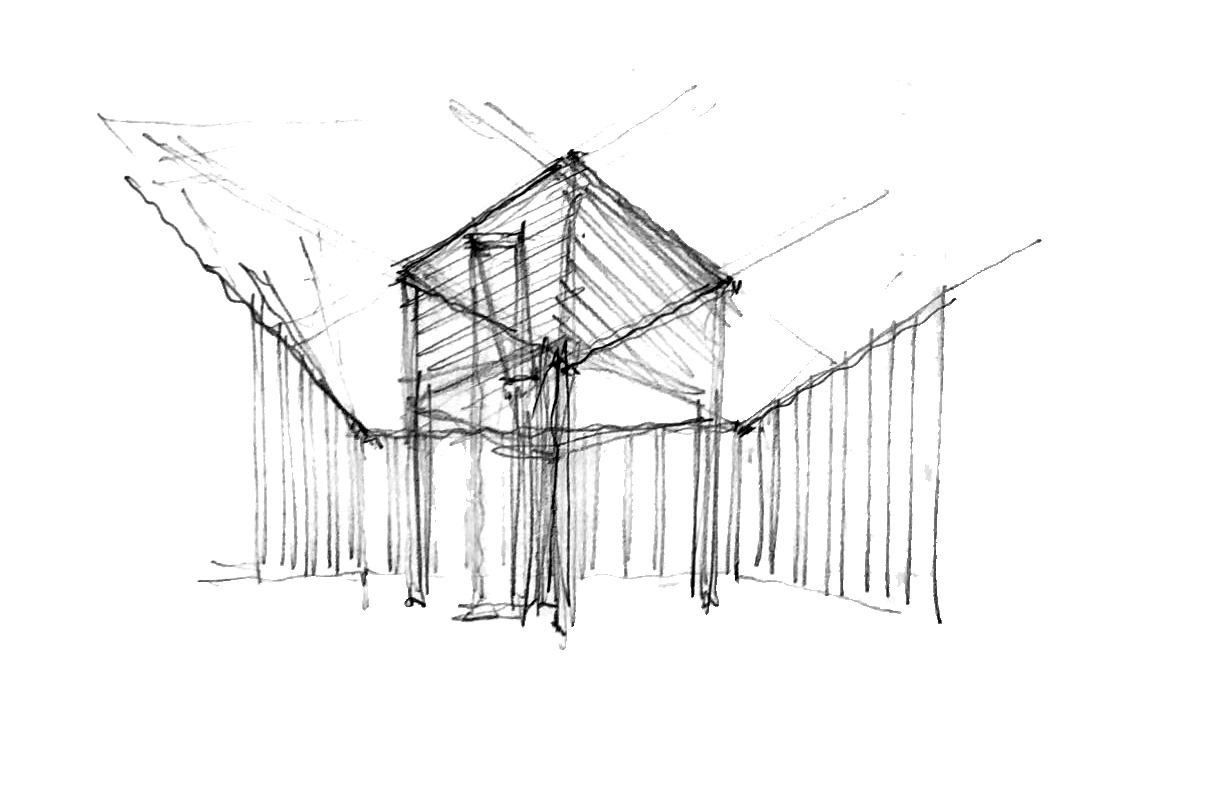 Sketch of an interior courtyard space with vertical slat walls and a raised clerestory volume above