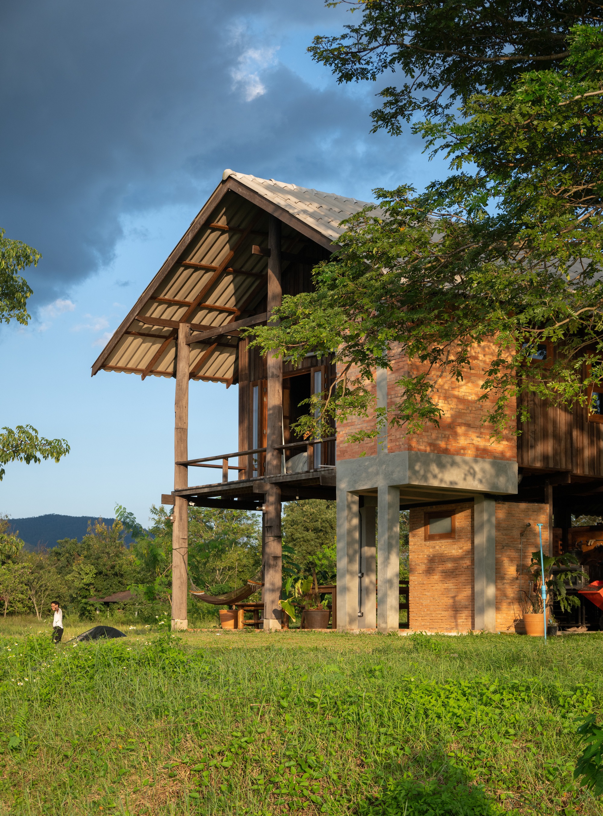 Elevated timber structure on concrete columns with a steep gabled roof framed by surrounding trees