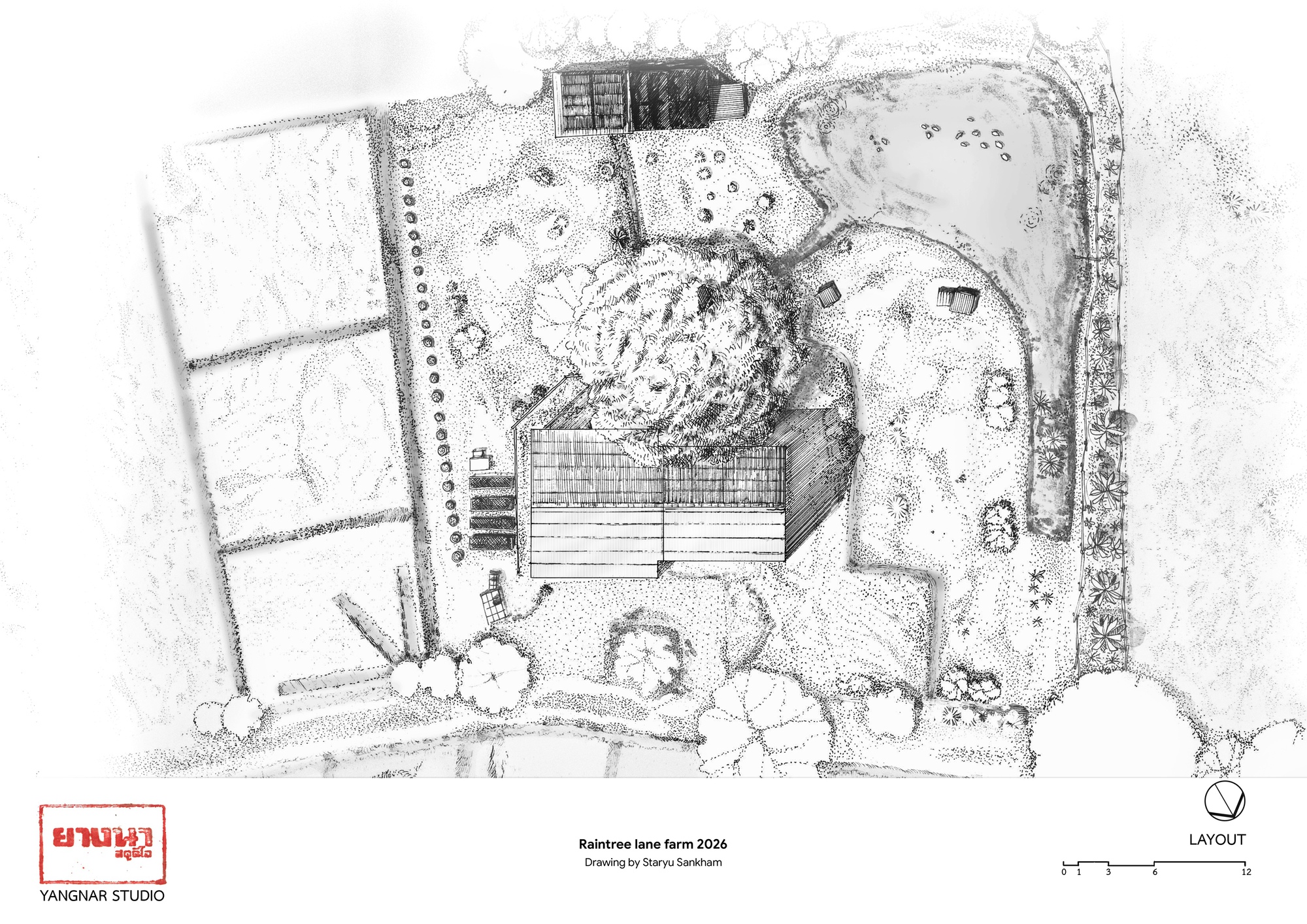 Site layout drawing showing the house positioned among landscaped paths and tree clusters