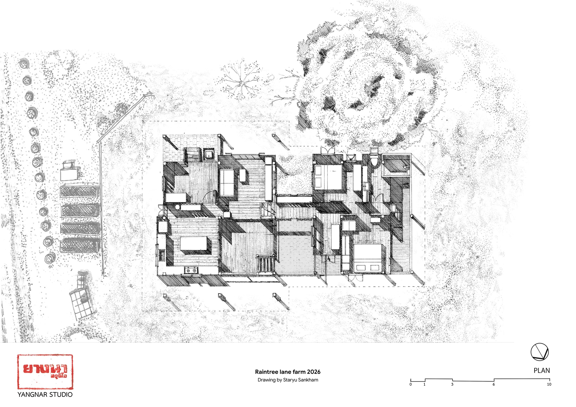 Floor plan drawing depicting interconnected rooms around a central staircase with surrounding landscape