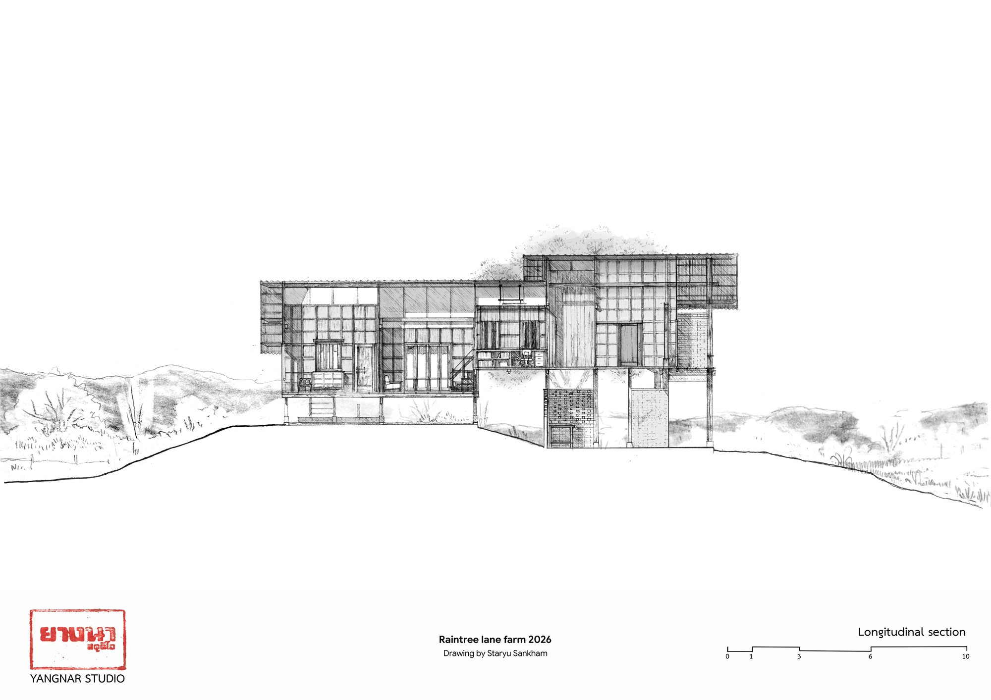 Longitudinal section drawing showing a multi-level structure embedded in a hillside with surrounding vegetation