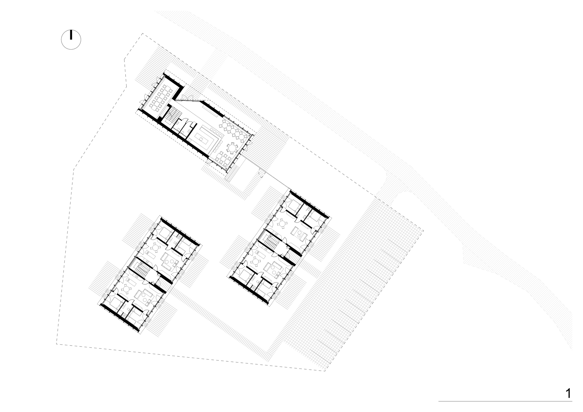 Site plan drawing showing three gabled structures arranged around pathways and landscape