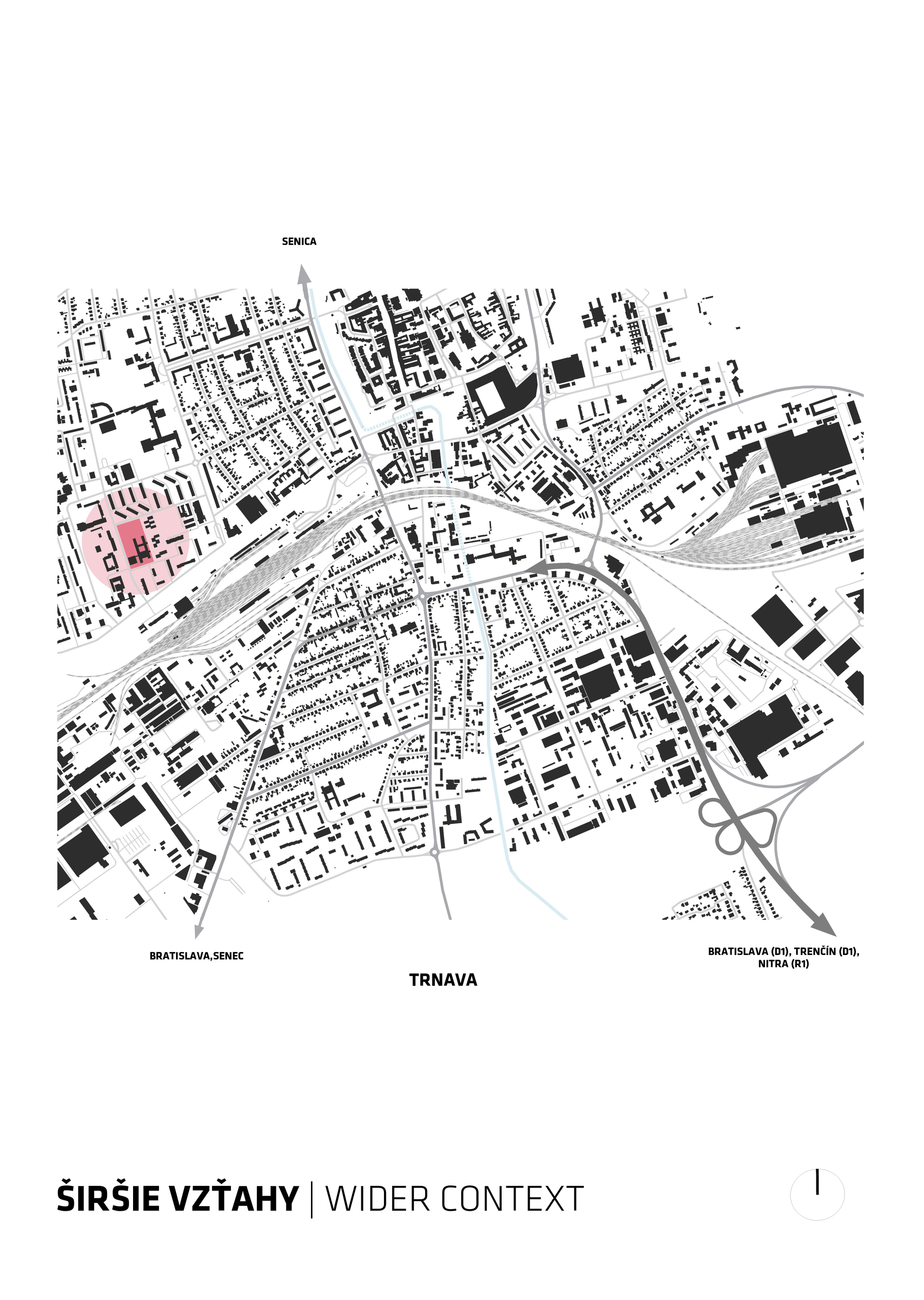 Site plan drawing showing a central school building highlighted in pink within the surrounding urban fabric