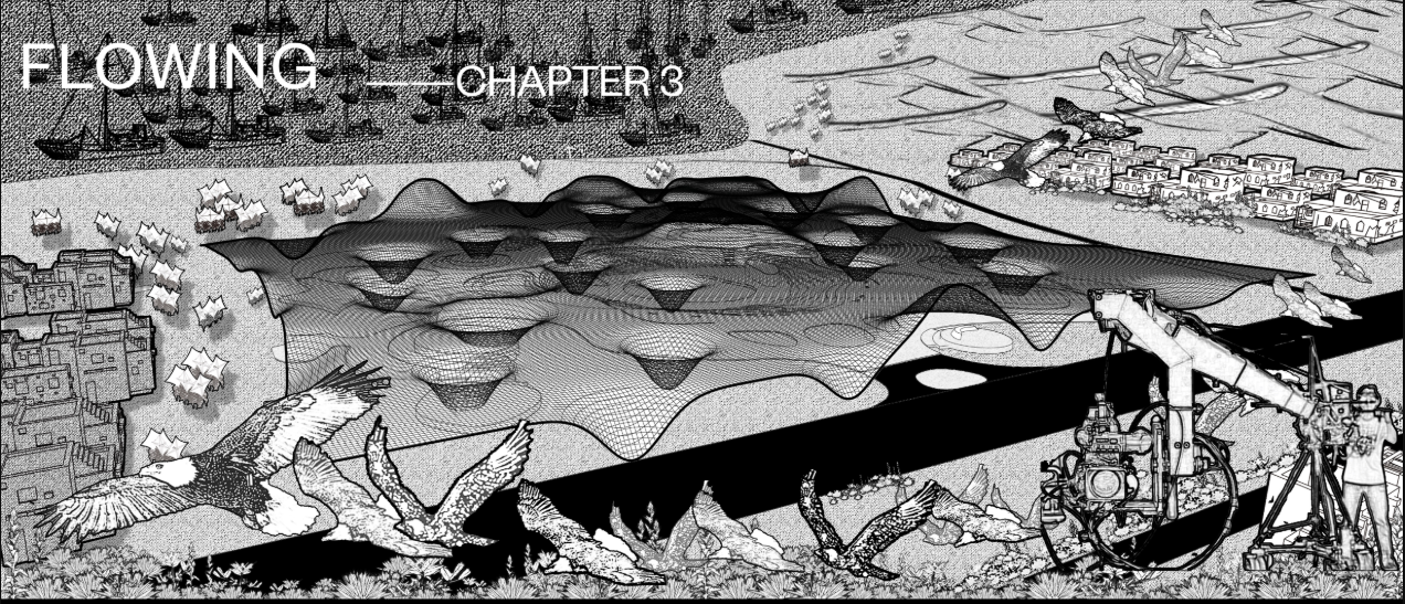 Flowing canopy merges desert, sea, wildlife, and film equipment into one cinematic architectural landscape.