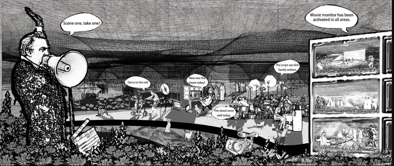 Producers’ office coordinates scripts, filming, monitoring, and public participation across the experimental film space.