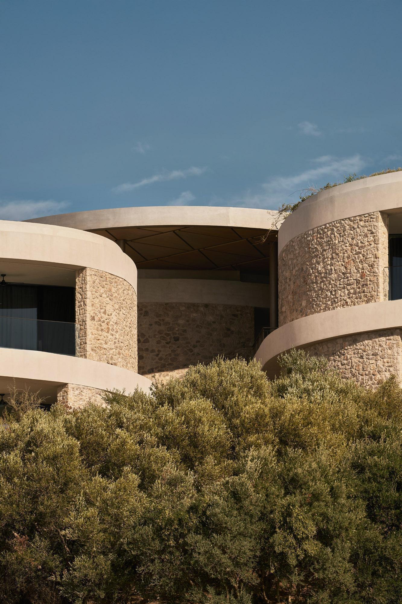Close-up of curved stone columns and white concrete roof overhang emerging from dense vegetation