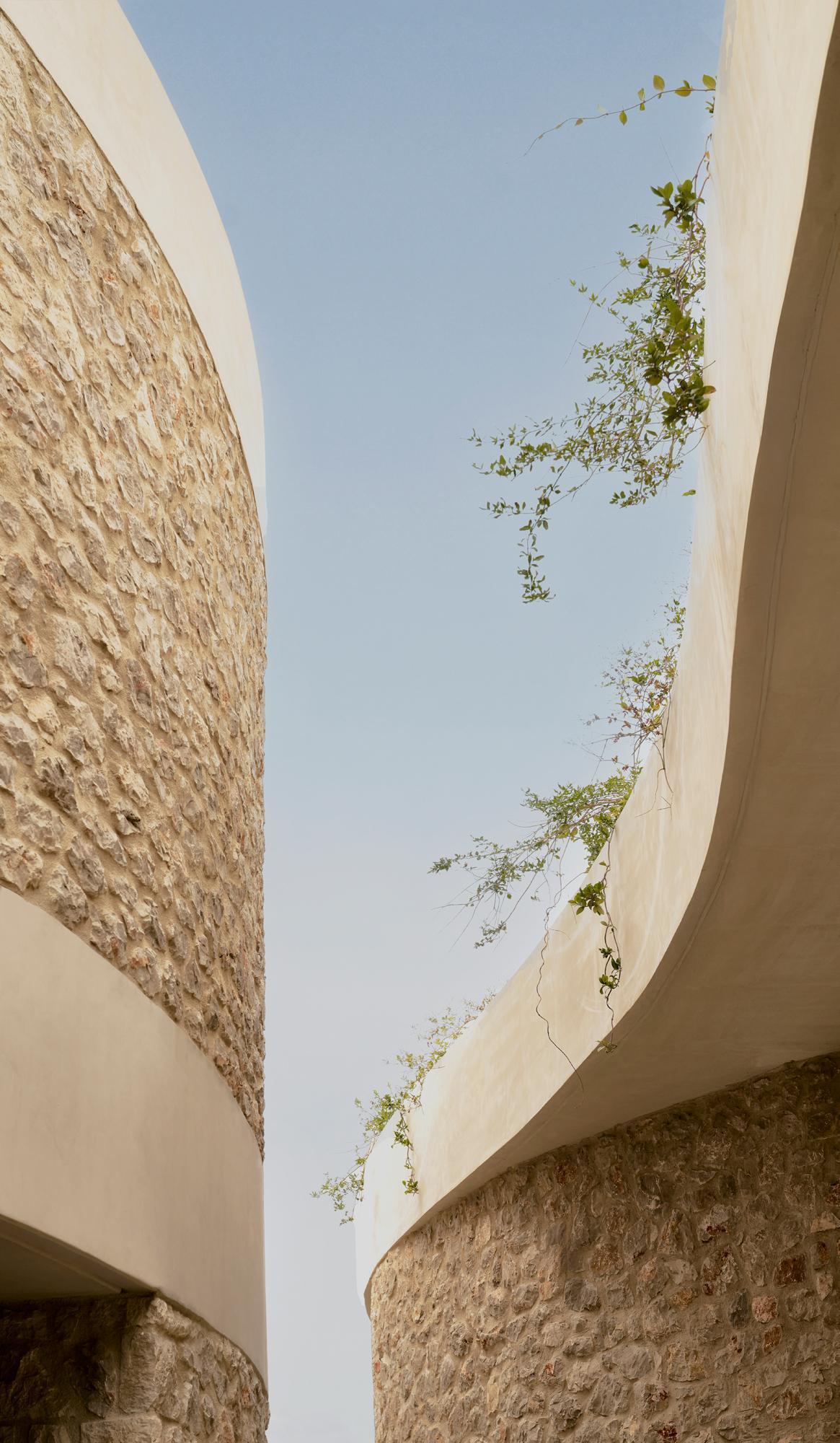 Curved stone walls and smooth white parapets framing vines against a clear sky