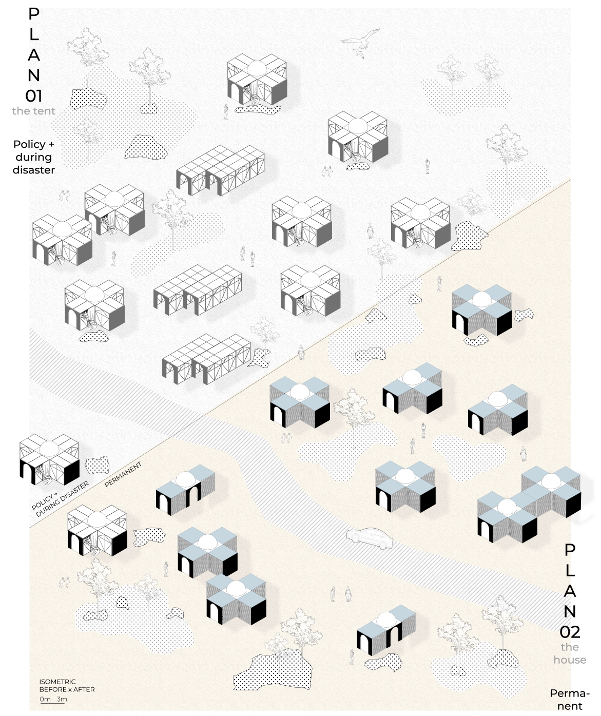 The master plan shows the transition from temporary disaster shelters to a permanent housing neighborhood
