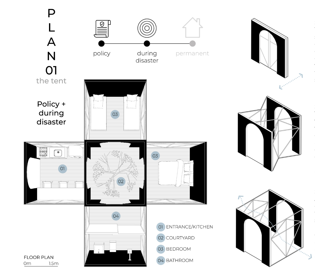 Plan 01 organizes the tent module around essential living spaces for fast post-earthquake assembly.