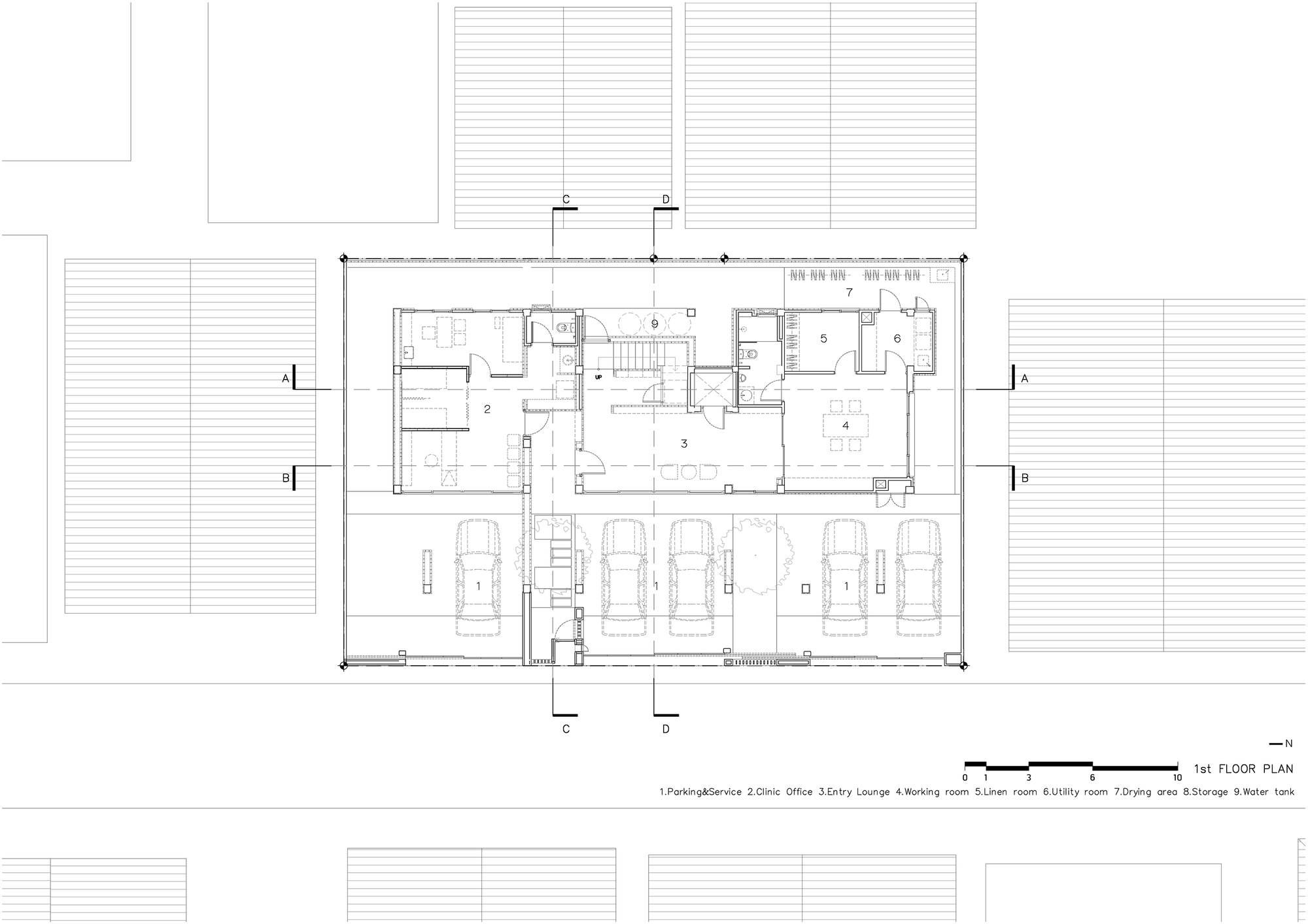First floor plan drawing showing garage space for multiple vehicles and residential rooms with central staircase