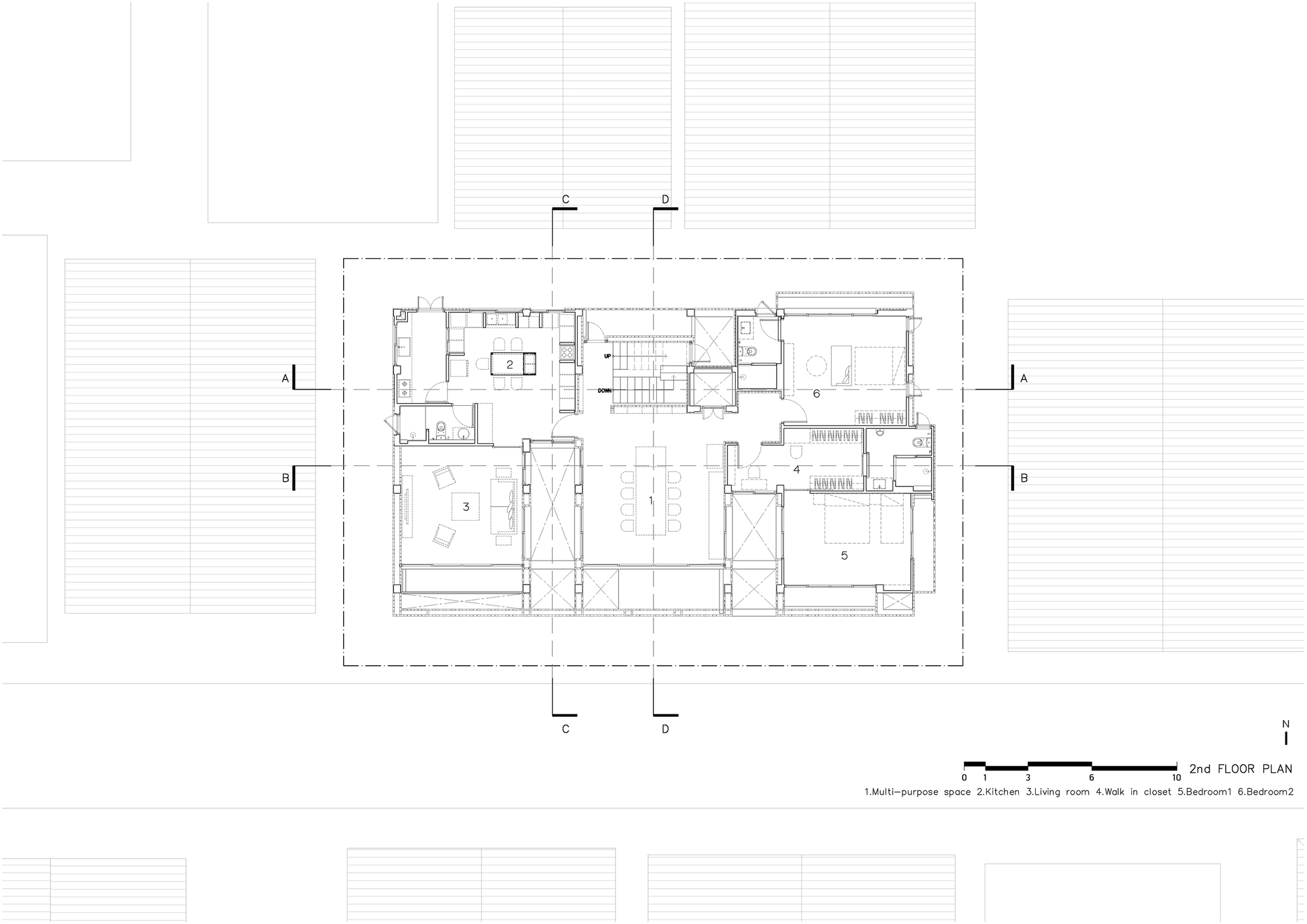 Second floor plan drawing showing a multi-purpose space, living room, kids' room, bedroom and bathroom