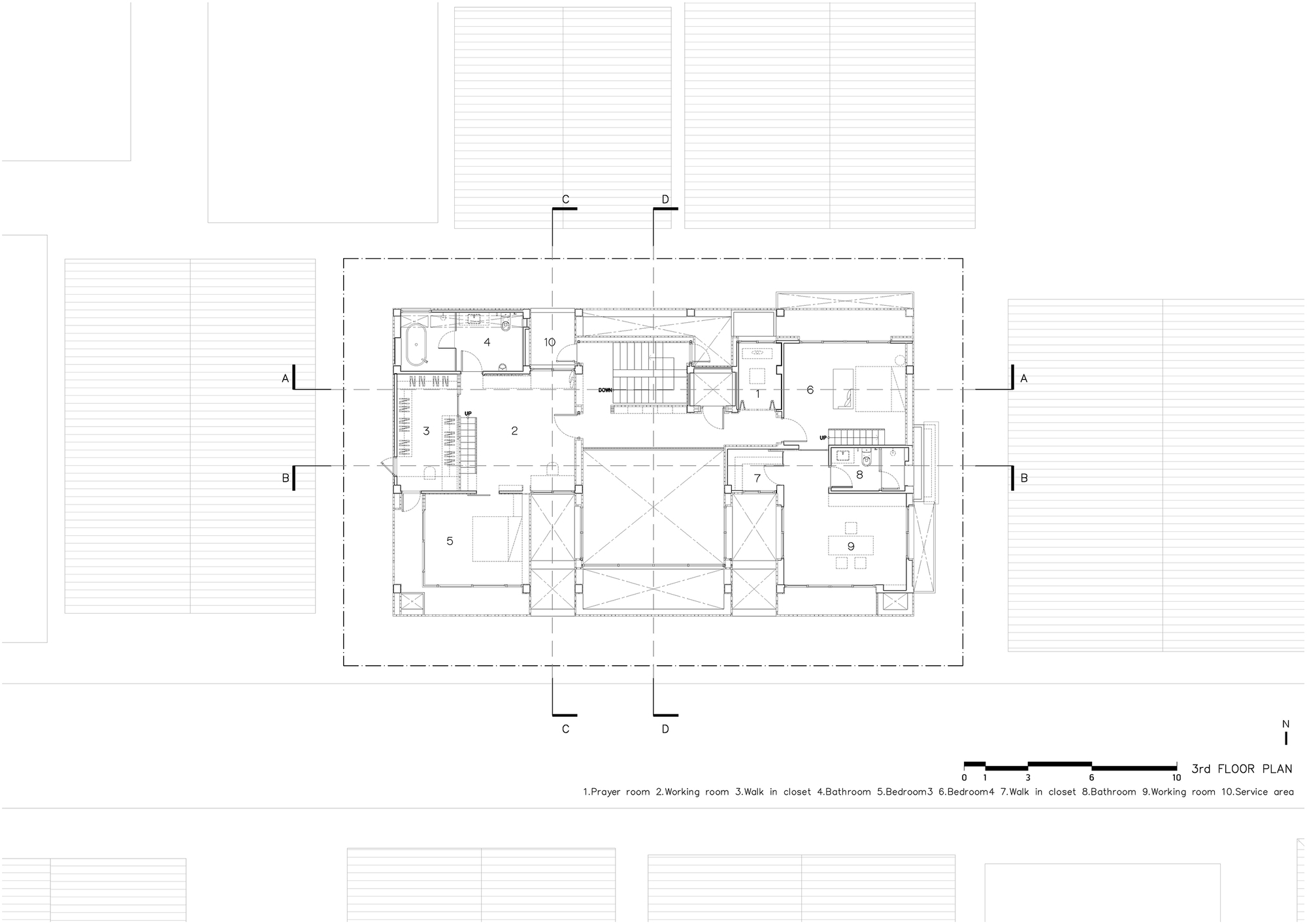 Third floor plan drawing showing a prayer room, studying room, kids' room, closets and bedroom