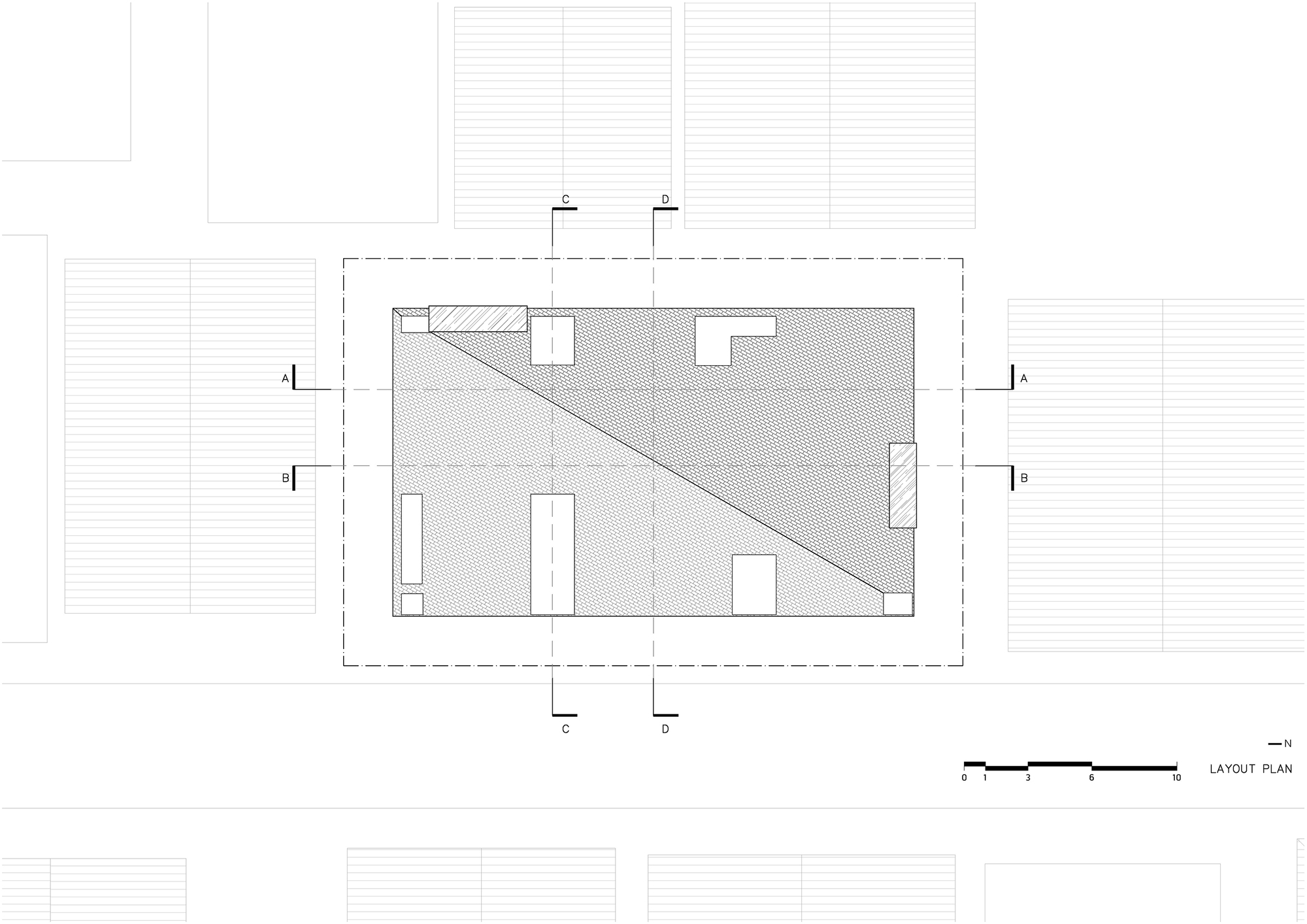 Layout plan drawing showing a diagonal line crossing a rectangular footprint with openings