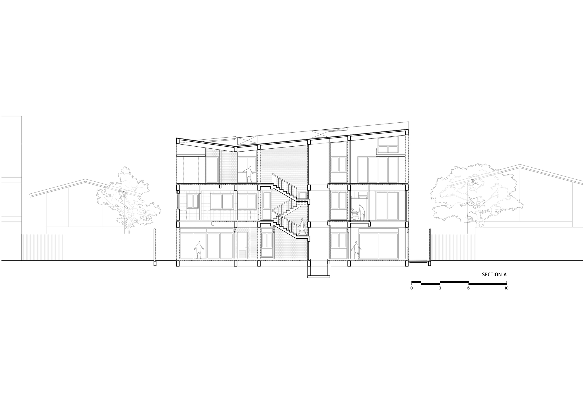 Section drawing showing a three-storey residence with exterior stairs and neighboring houses with trees