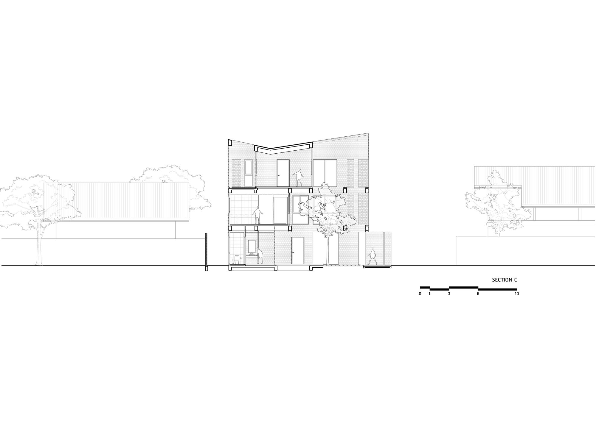 Section drawing showing a three-storey volume with a central tree and adjacent low-rise structures