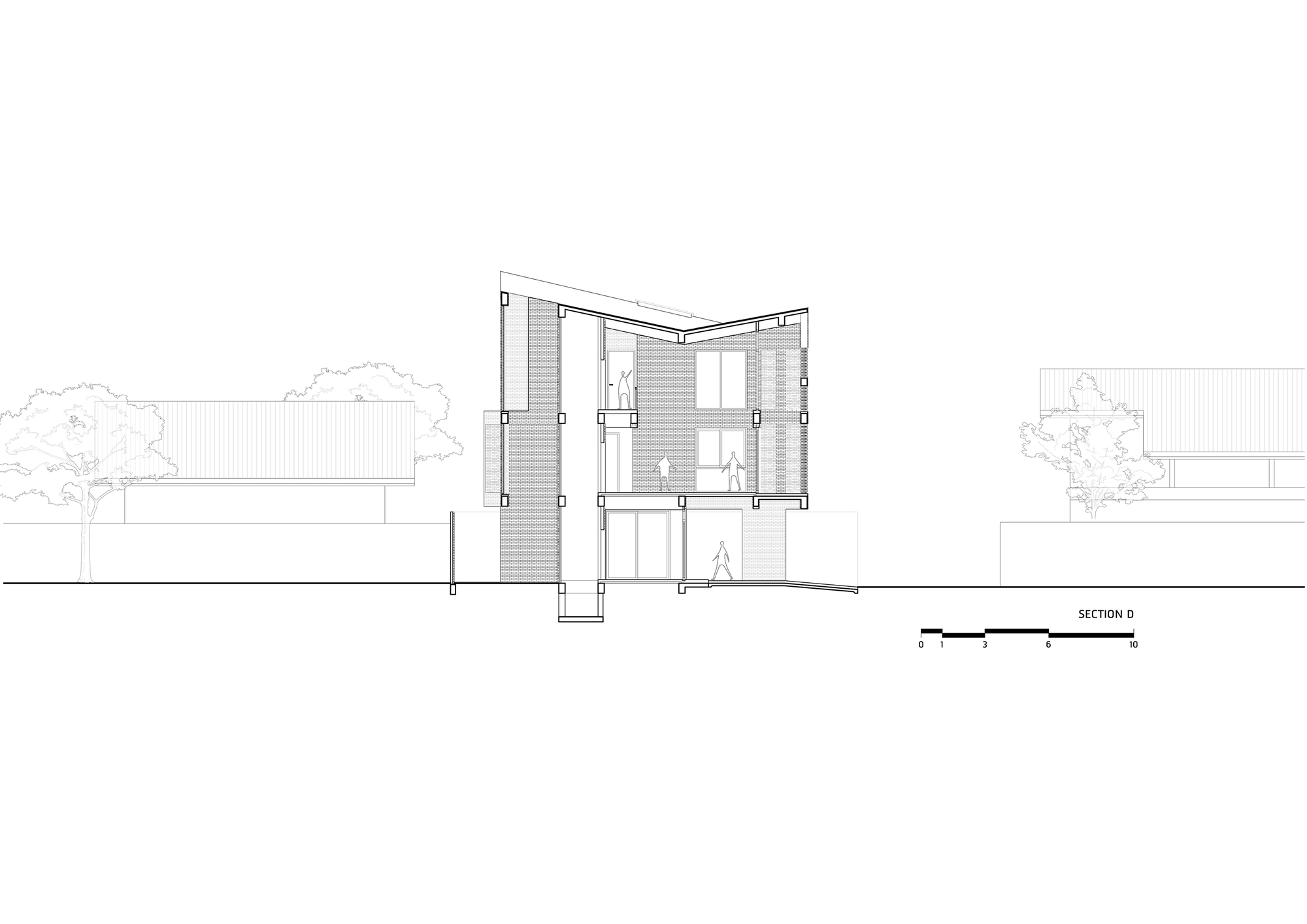Section drawing showing a three-storey corner volume with glazed walls and adjacent residences