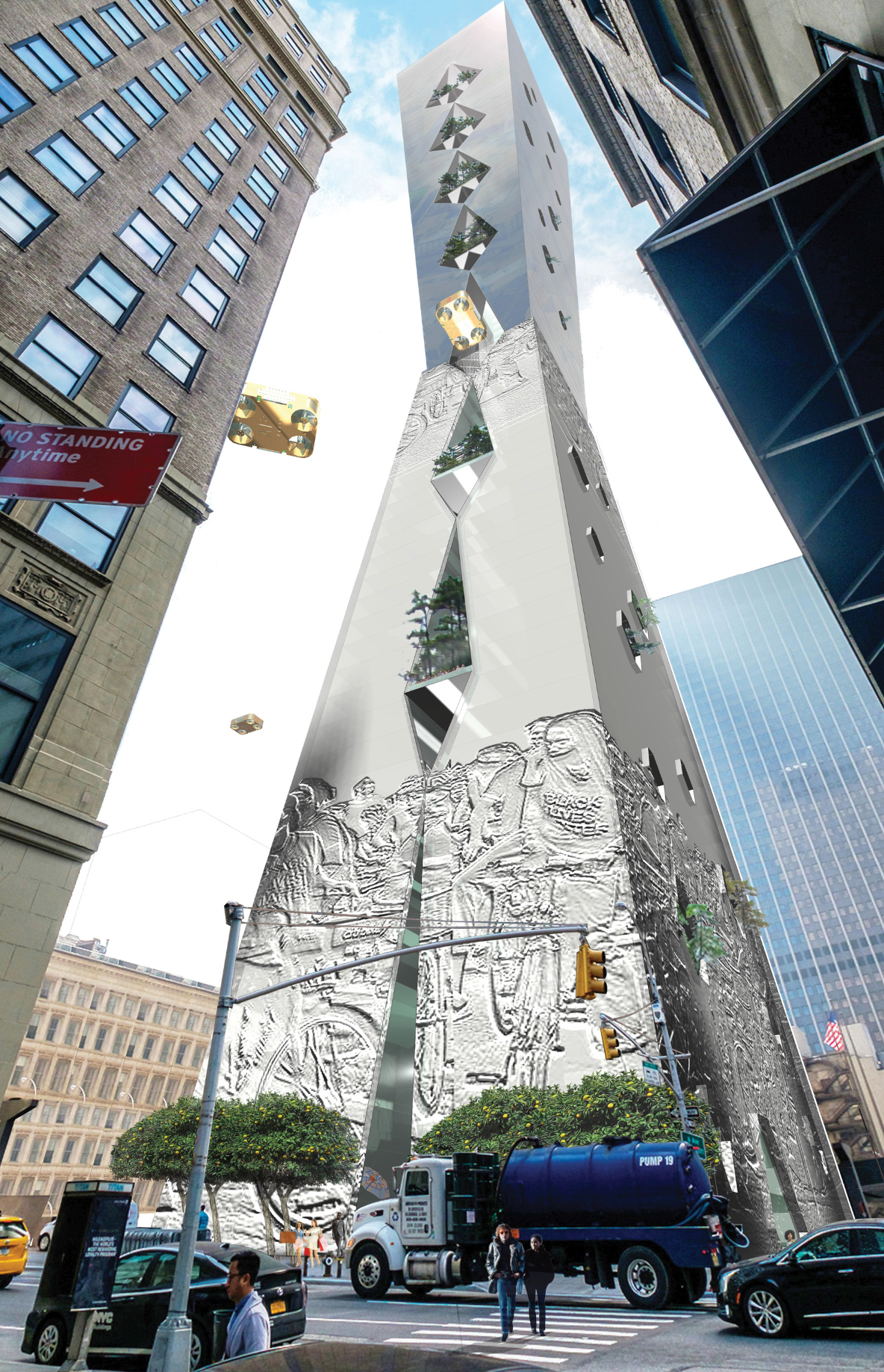Street-level view revealing the monumental base, public frontage, and integrated civic artwork.