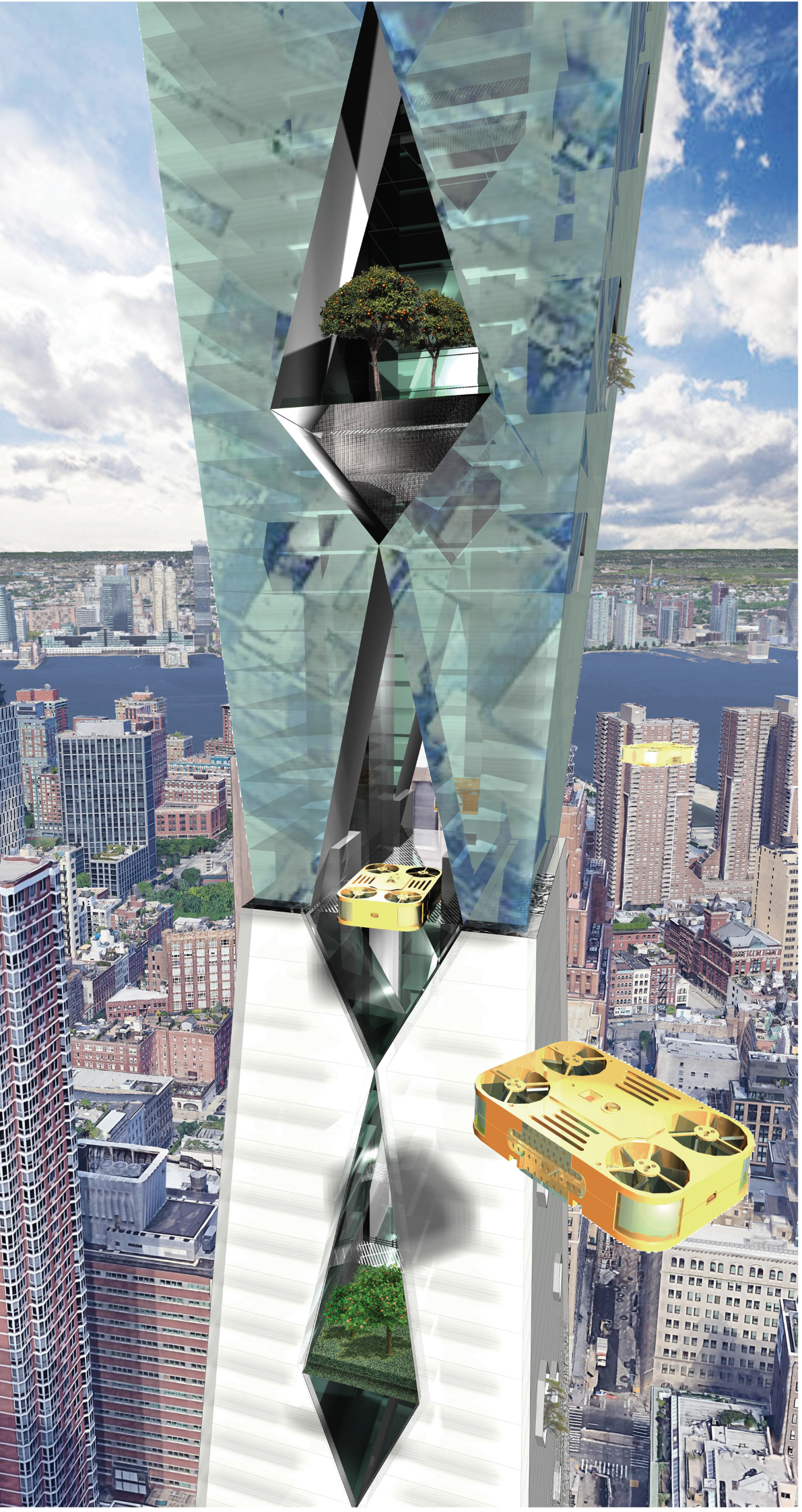 Passenger drones navigate the tower’s mid-level port between glazed residential volumes and elevated gardens.