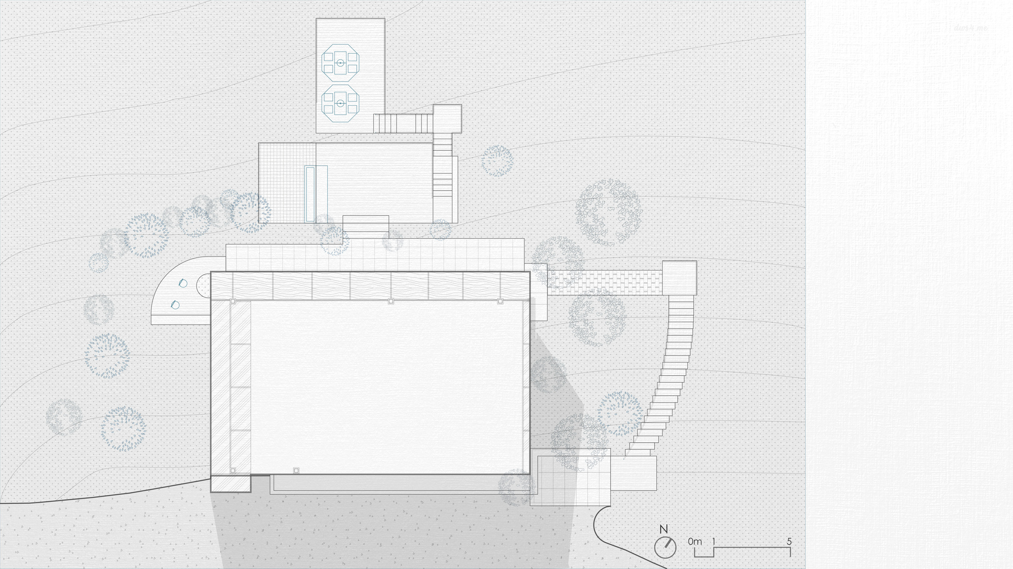 Site plan drawing showing terraced volumes with rooftop water tanks and surrounding trees