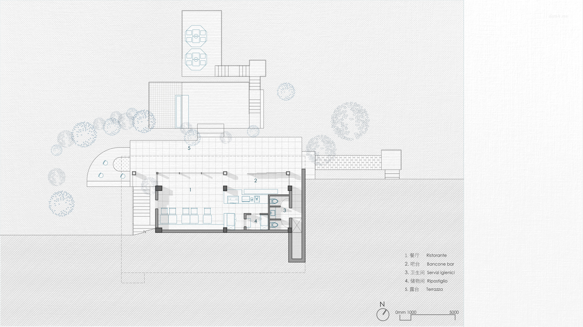 Ground floor plan drawing showing open living spaces and adjacent terrace area